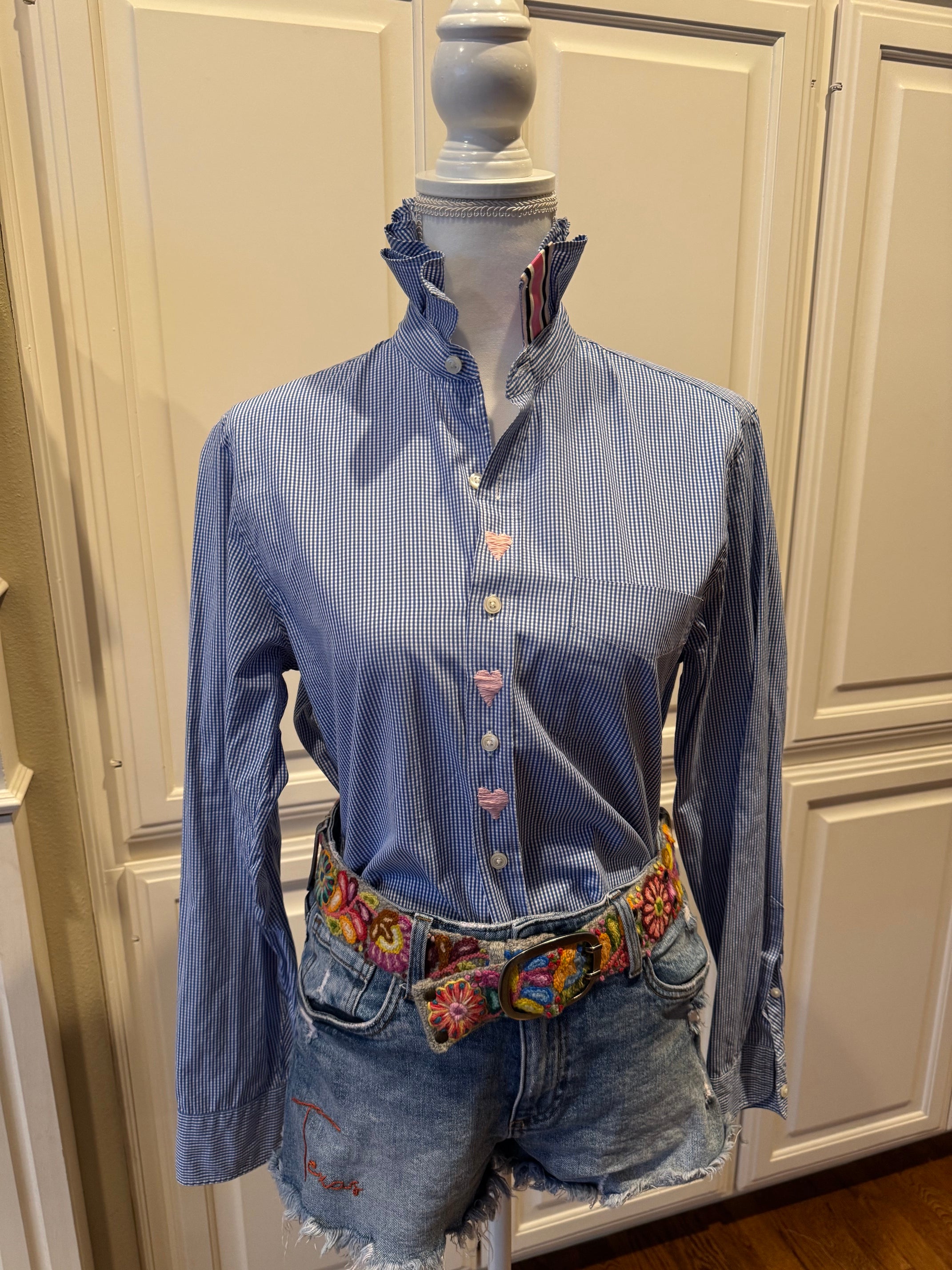 Reworked Vintage Men's J Crew Blue Gingham Ruffle Collar Shirt- XS
