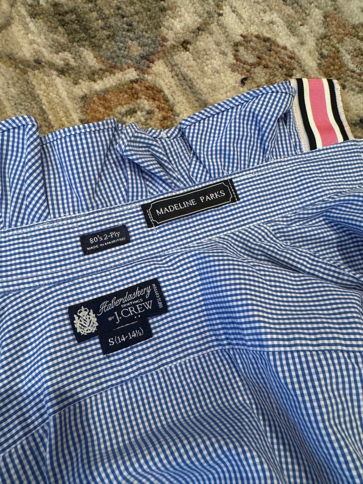 Reworked Vintage Men's J Crew Blue Gingham Ruffle Collar Shirt- XS