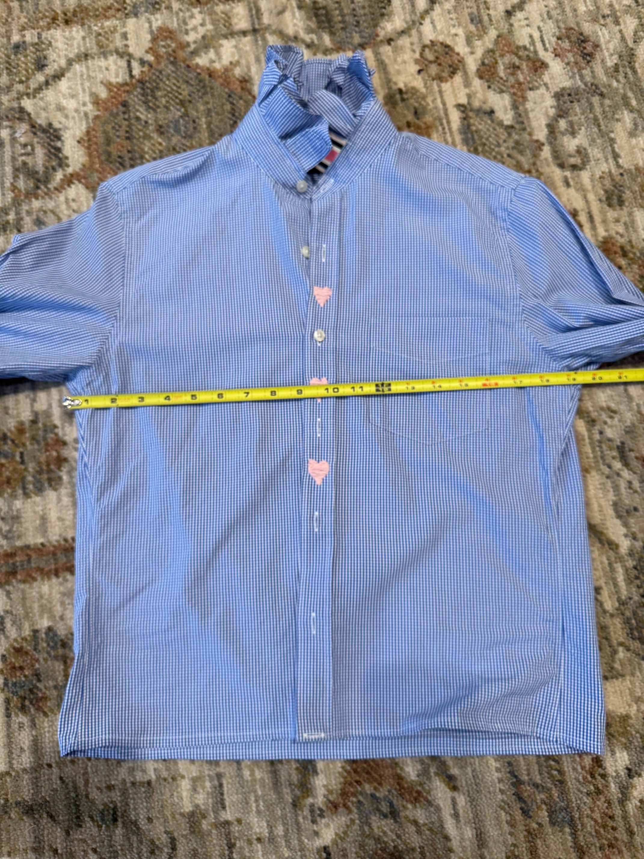 Reworked Vintage Men's J Crew Blue Gingham Ruffle Collar Shirt- XS