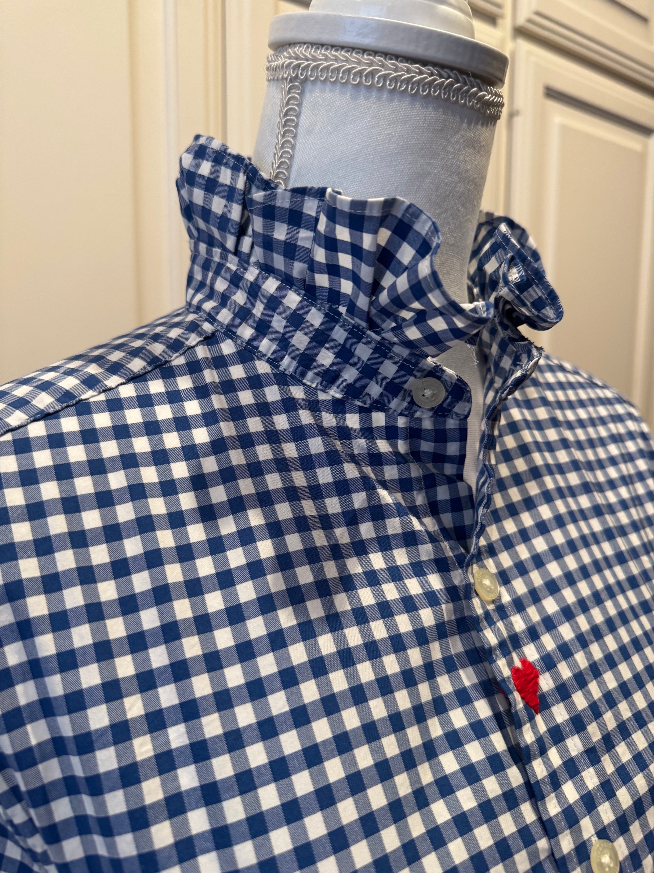 Reworked Vintage Men's Vineyard Vines Blue and White Checked Ruffle Collar Shirt- M