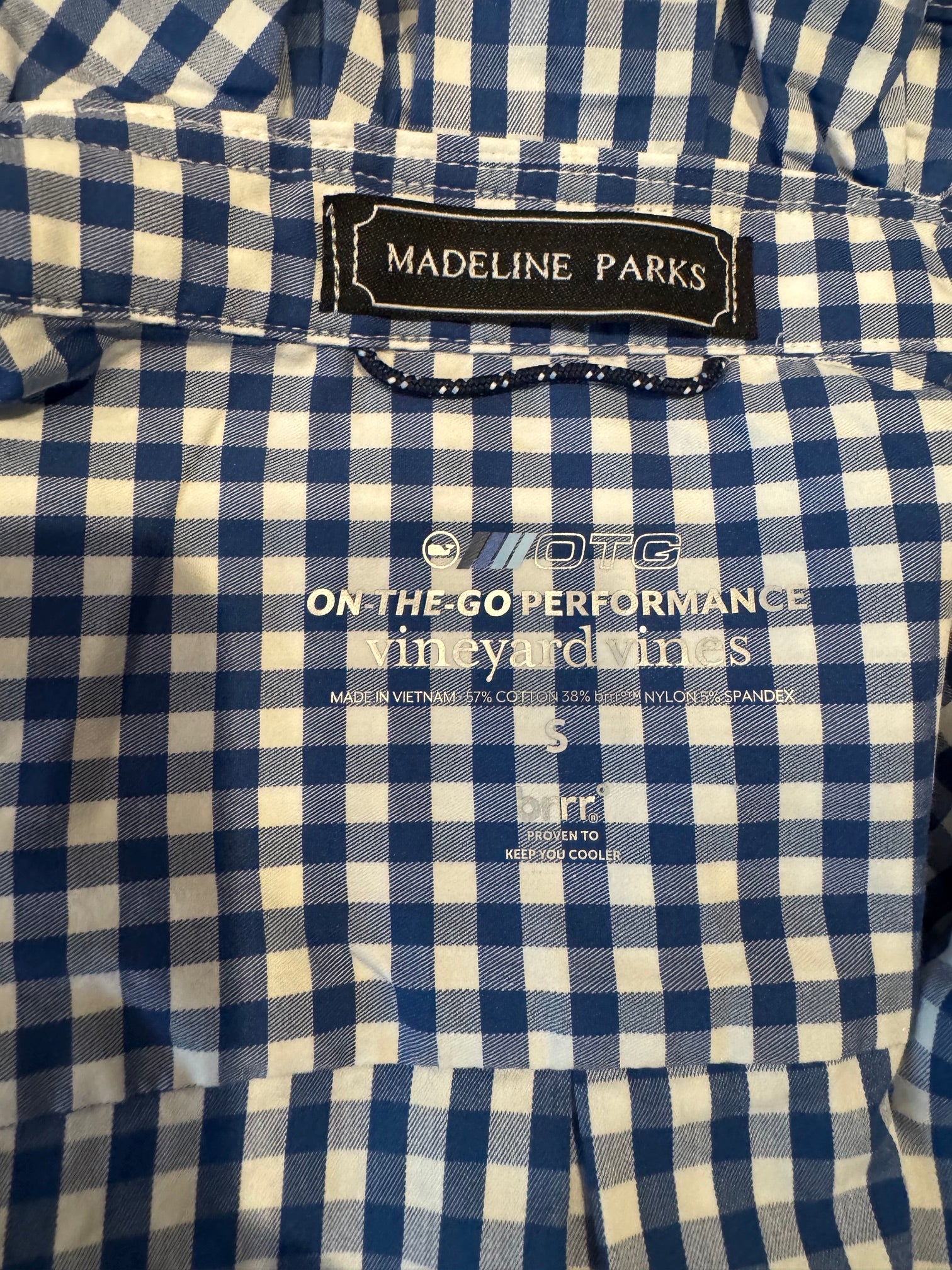 Reworked Vintage Men's Vineyard Vines Blue and White Checked Ruffle Collar Shirt- M