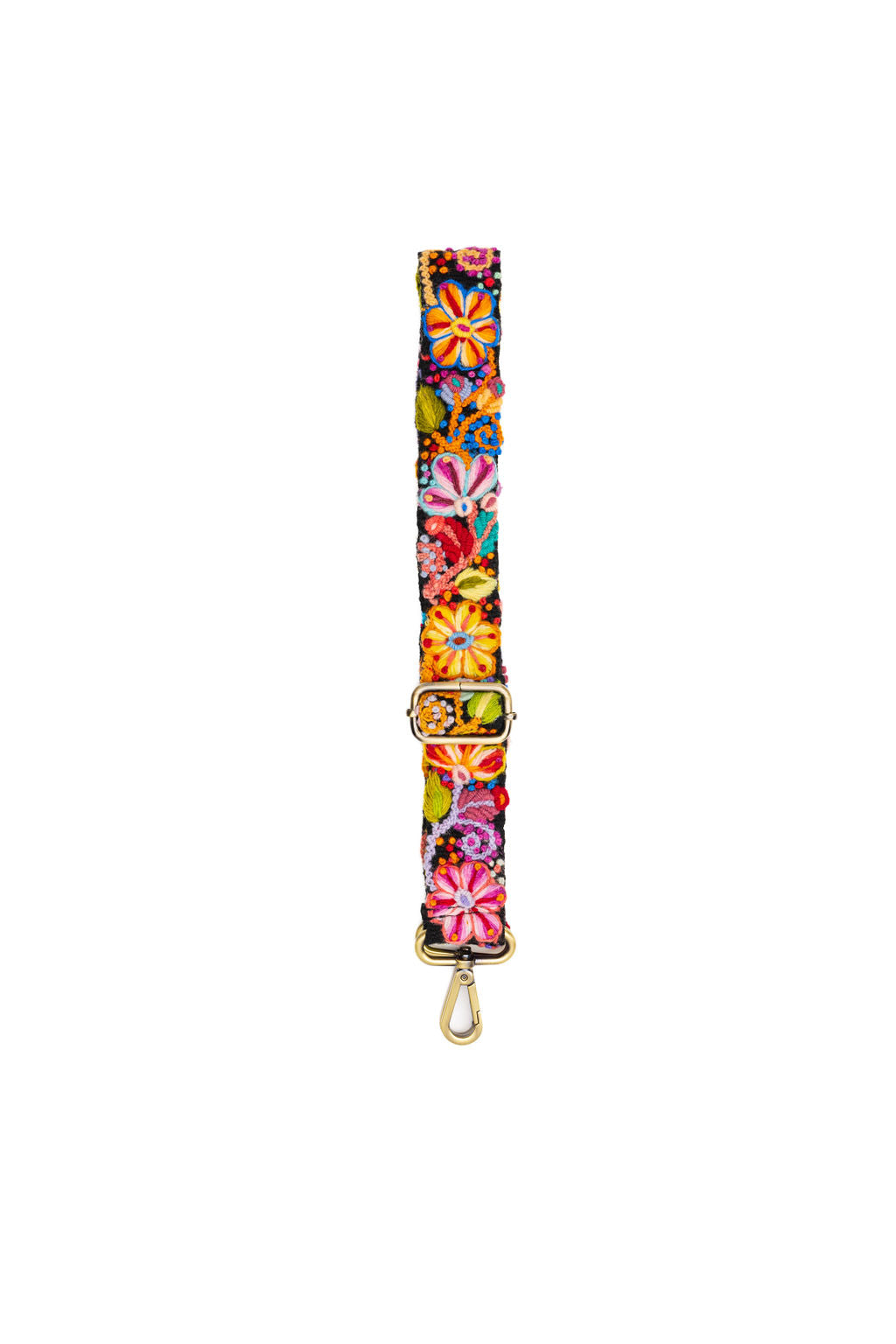 Black Floral Strap with hand-woven wool and bright floral embroidery, showcasing unique artisanal design by Fair Trade artisans in Peru.