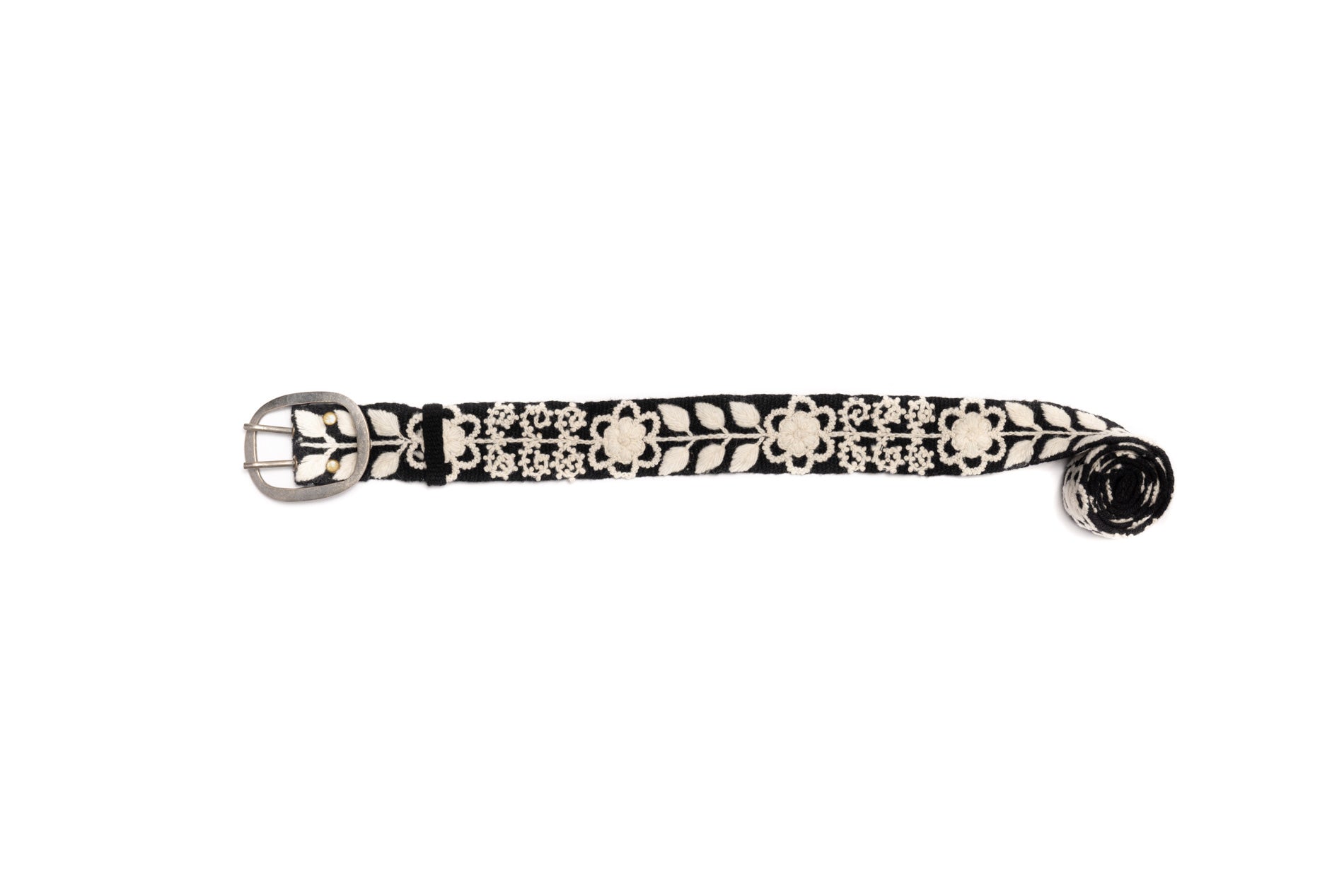 Hand loomed black wool belt with black and cream hand embroidered leaves and flowers