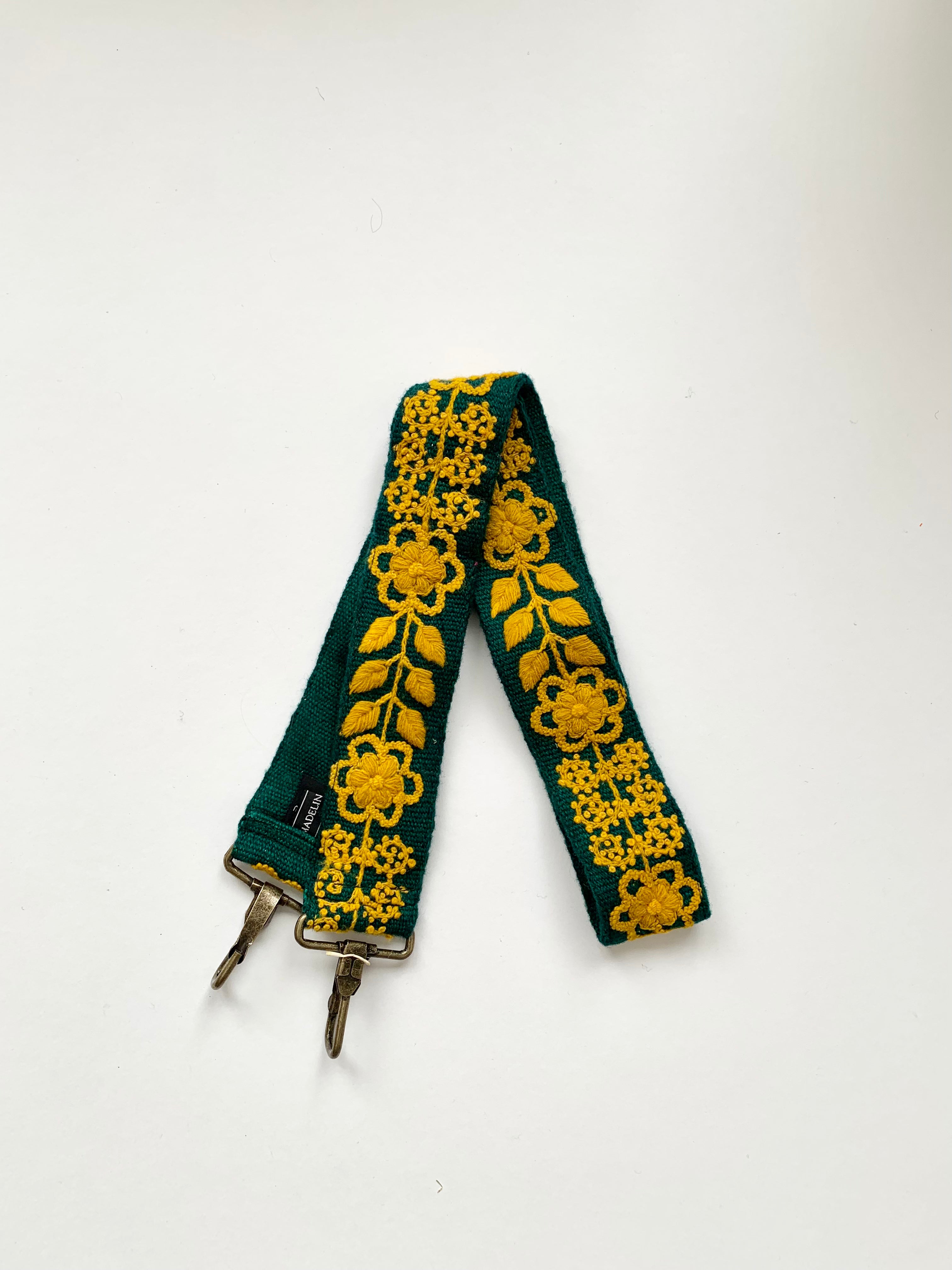 Alison Large Purse Strap: wool with green and gold floral design, non-adjustable.