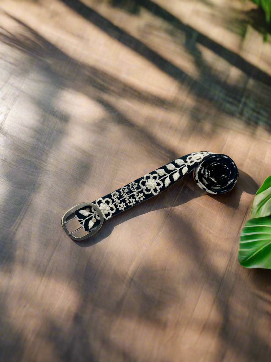 Black and White Belt with hand-embroidered leaves and flowers