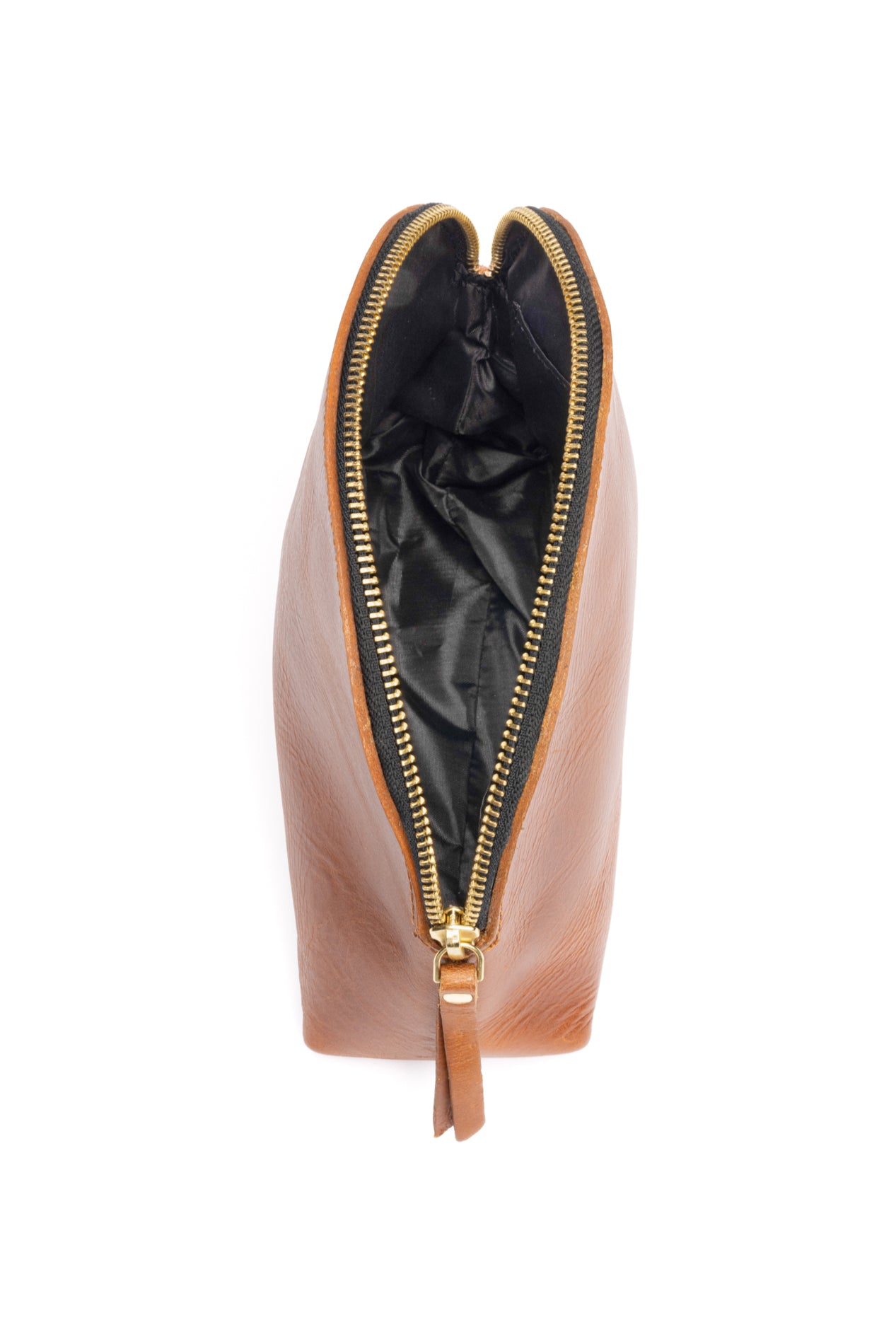 Interior view cleanable black lining of slow fashion brown leather makeup bag