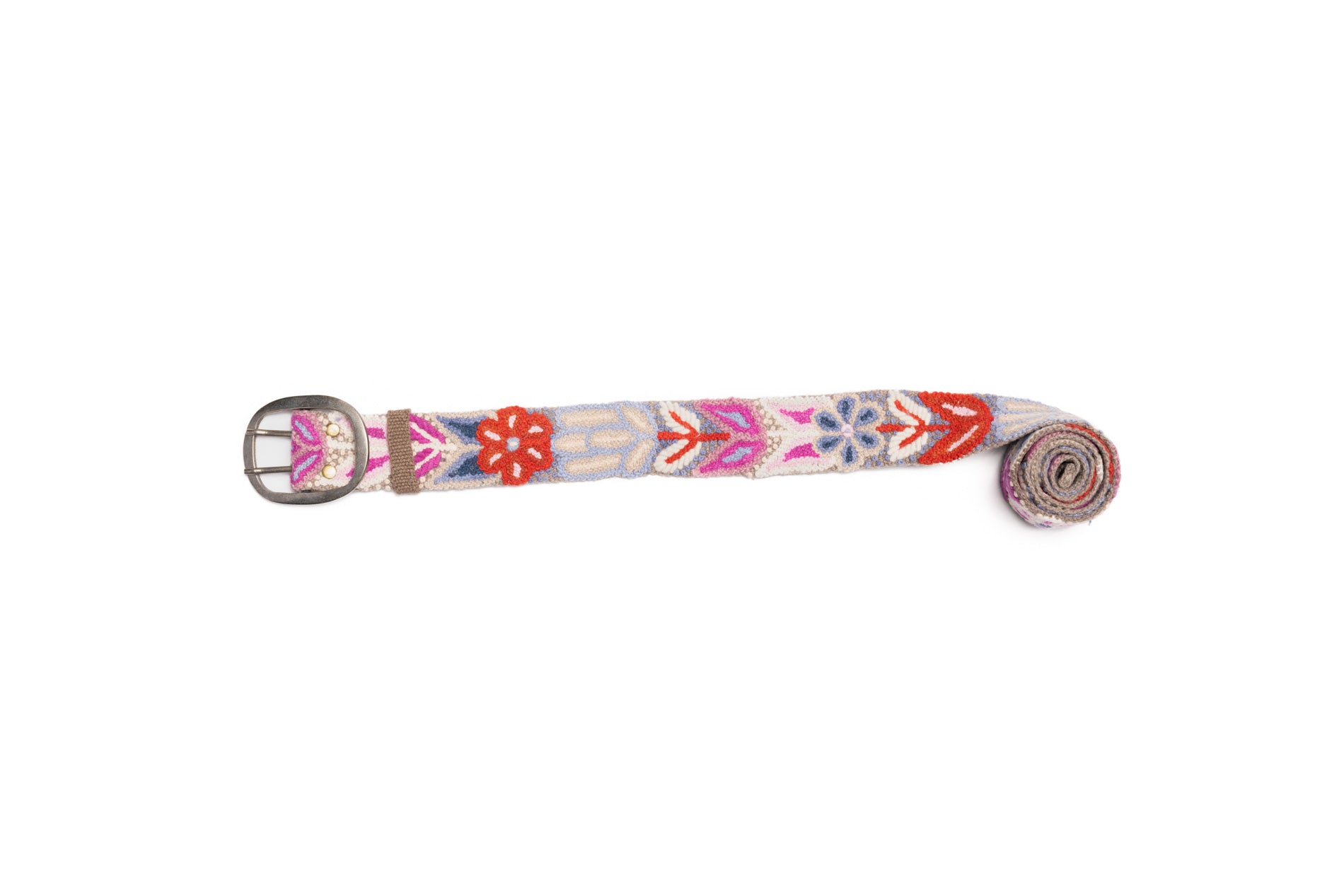 A handcrafted Purple Embroidered Belt with intricate floral designs