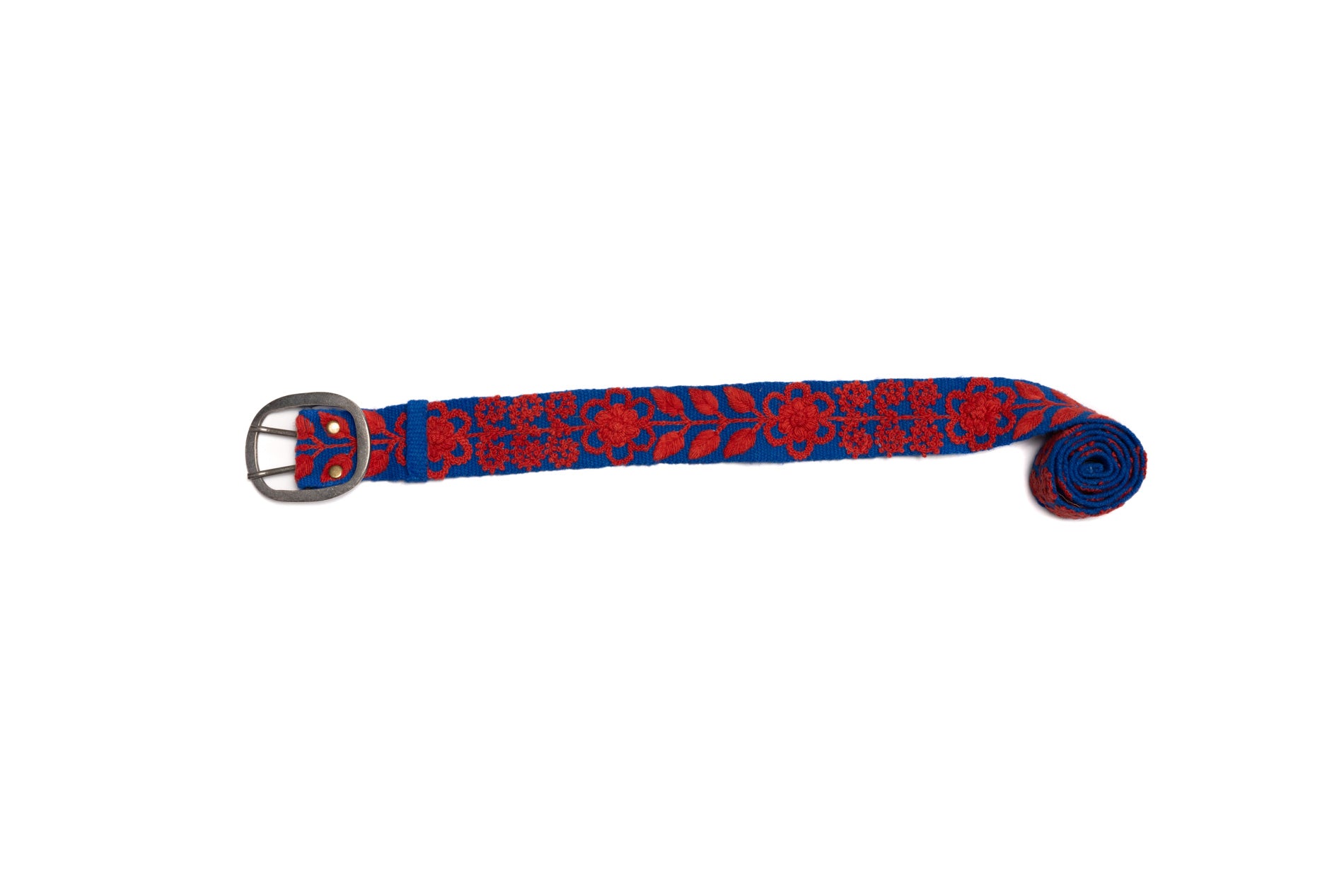Taylor Hand Embroidered Belt: Navy wool fabric with red floral and leaves embroidery.