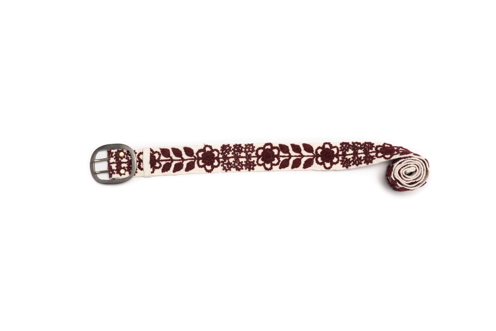 Wendi Hand Embroidered Belt with cream wool fabric and maroon floral and leaves