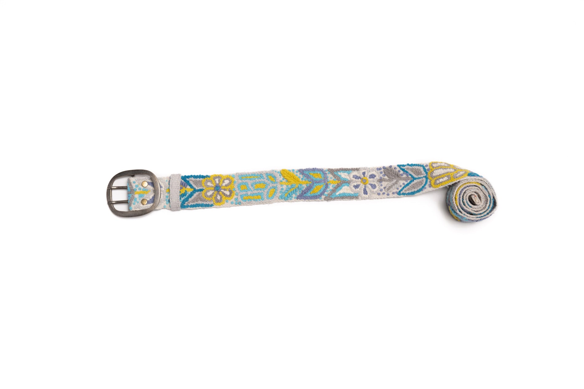 Yellow Embroidered Belt with Hand Loomed Wool and Floral Design.