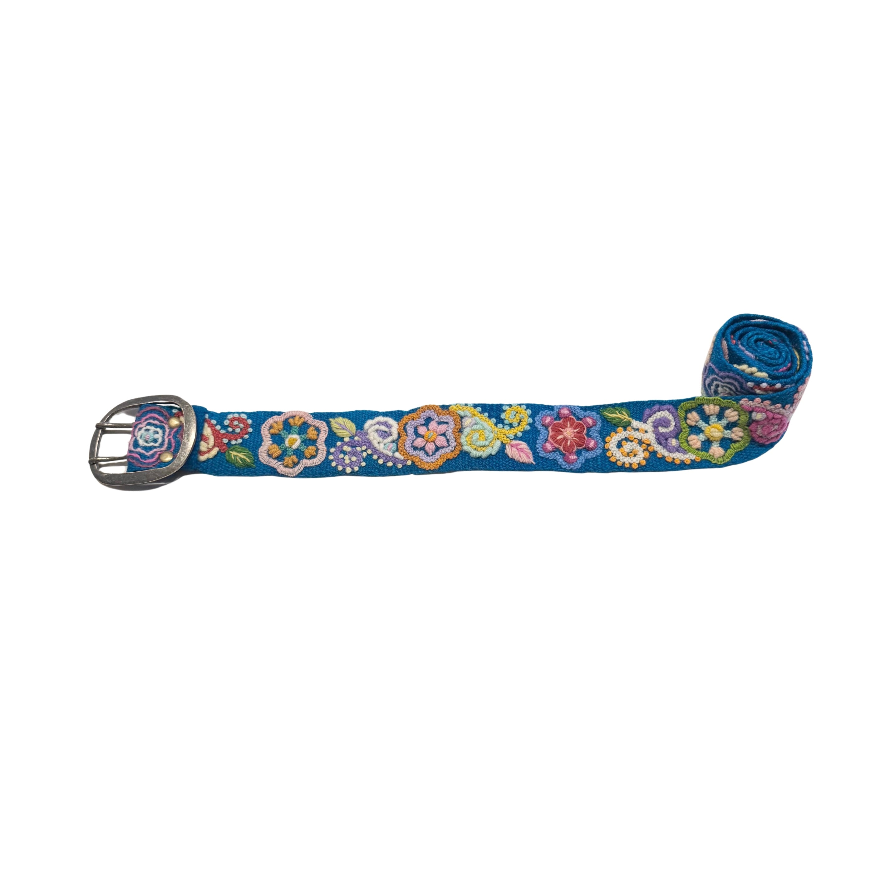 Happy Day Hand Embroidered Belt featuring vibrant floral designs on blue handwoven wool, with a close-up of the buckle and intricate embroidery details.