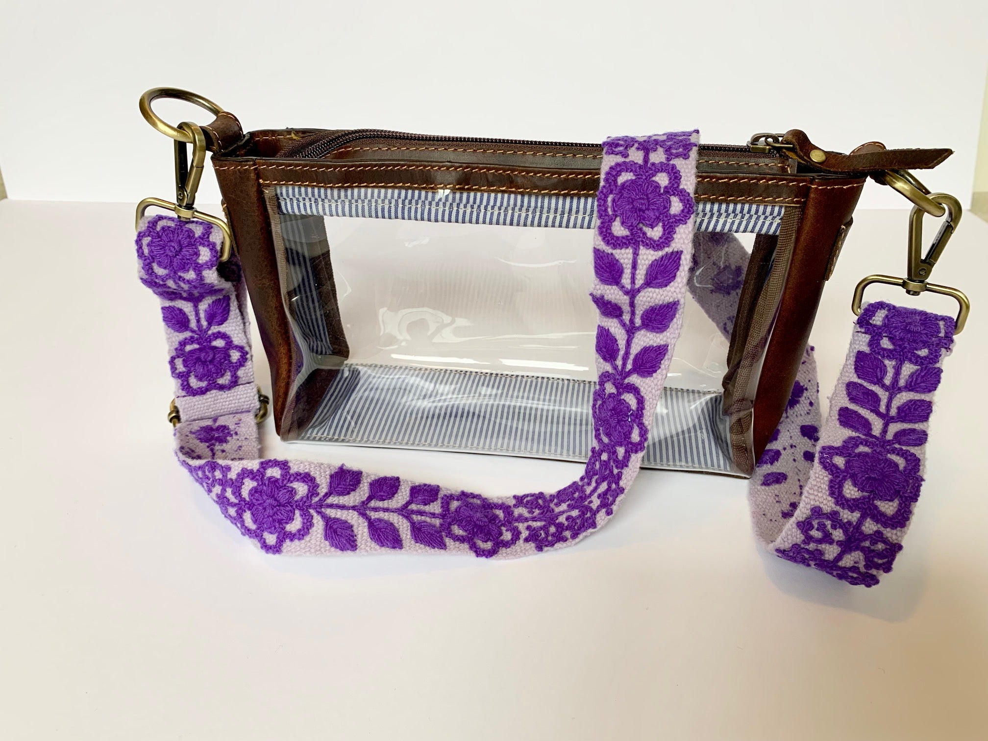 Eliza Adjustable Purse Strap with purple floral design Shown with the Claire Fair Trade Clear Purse.