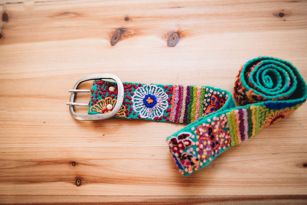 Fair Trade handmade embroidered belt in colorful floral butterfly design