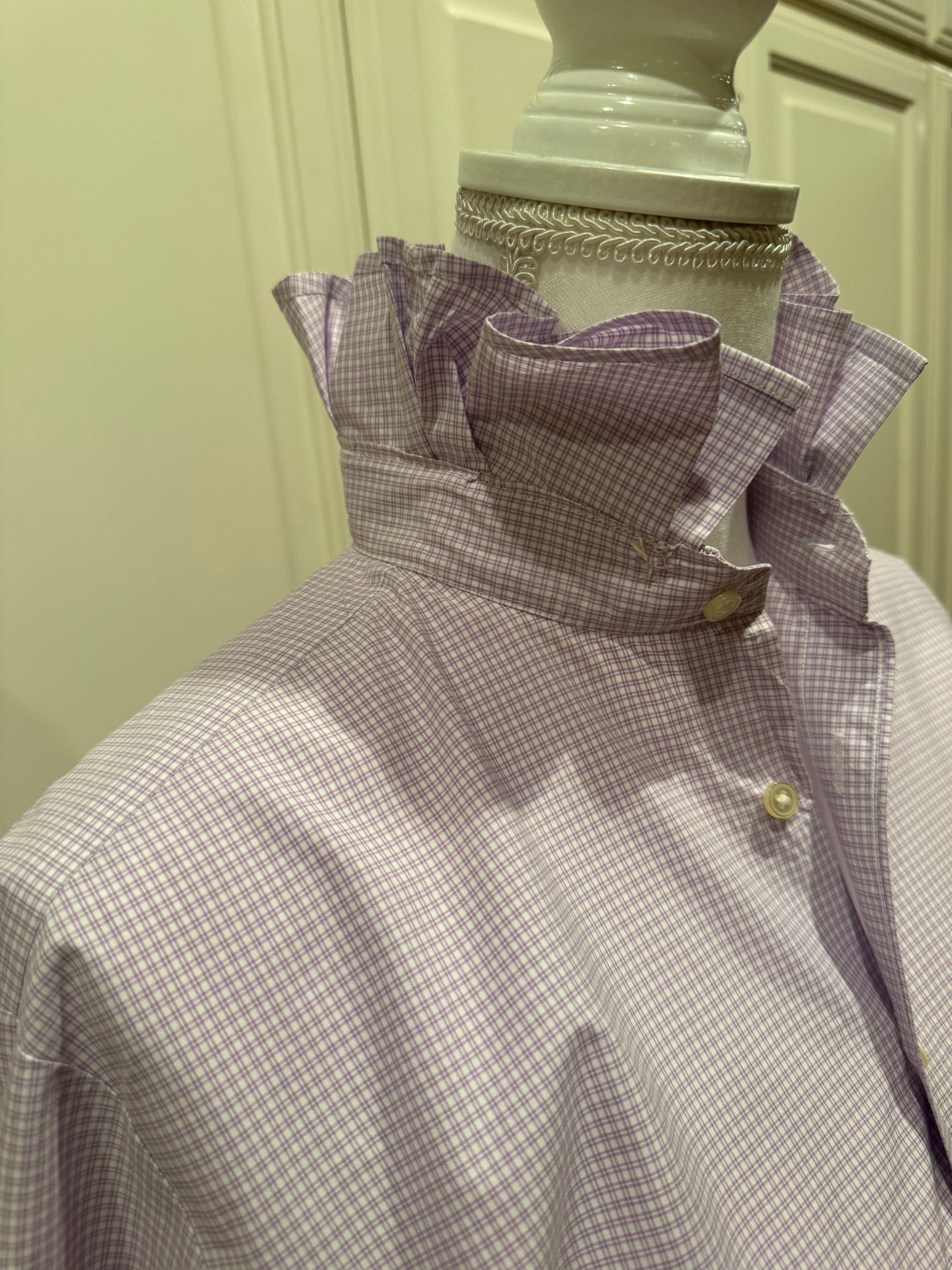 Reworked Vintage men's Thomas Pink Ruffle Collar Shirt-S/M