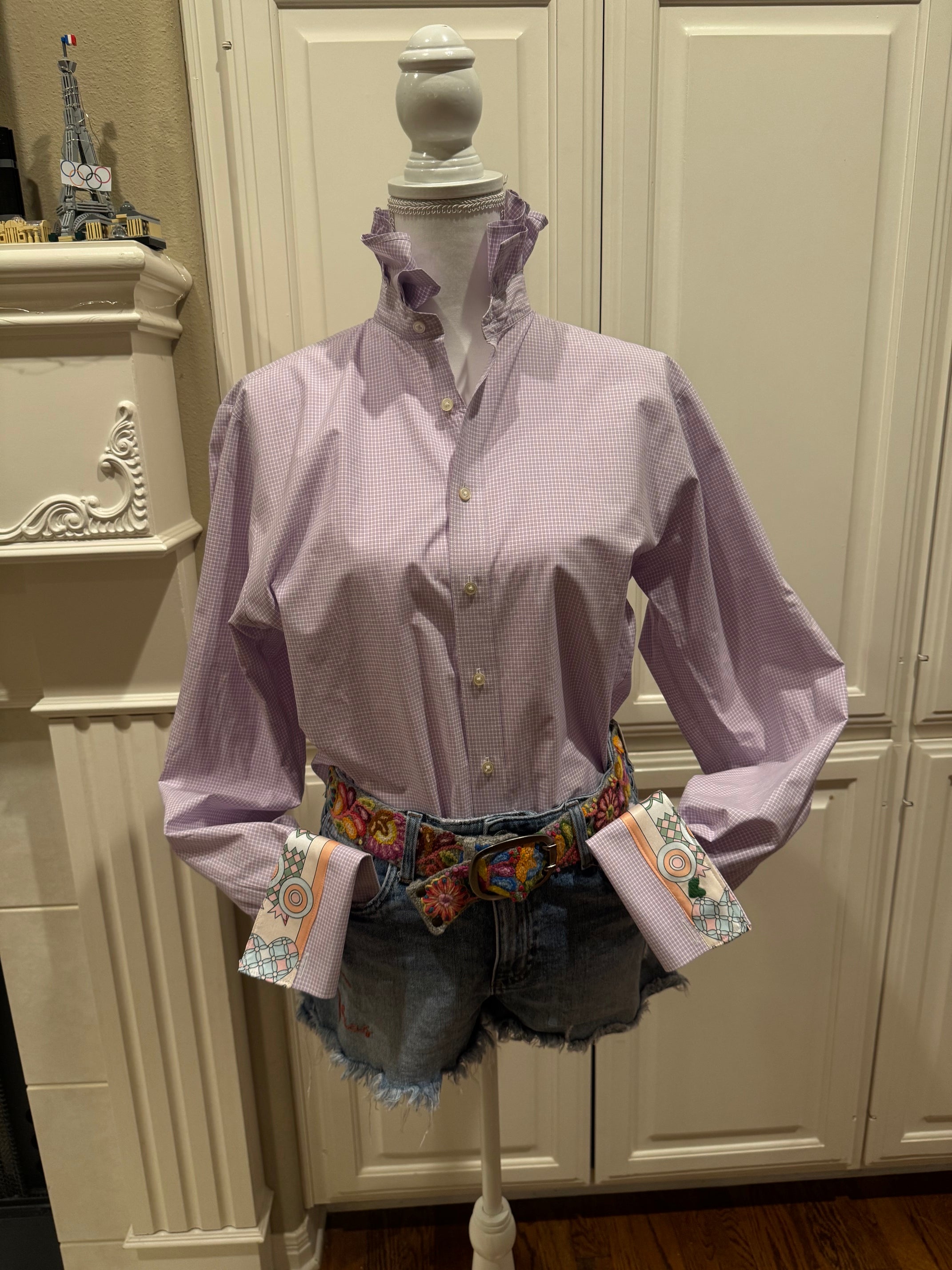 Reworked Vintage men's Thomas Pink Ruffle Collar Shirt-S/M