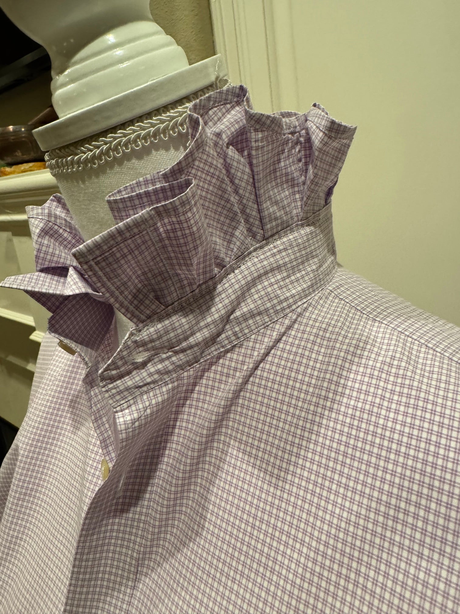 Reworked Vintage men's Thomas Pink Ruffle Collar Shirt-S/M