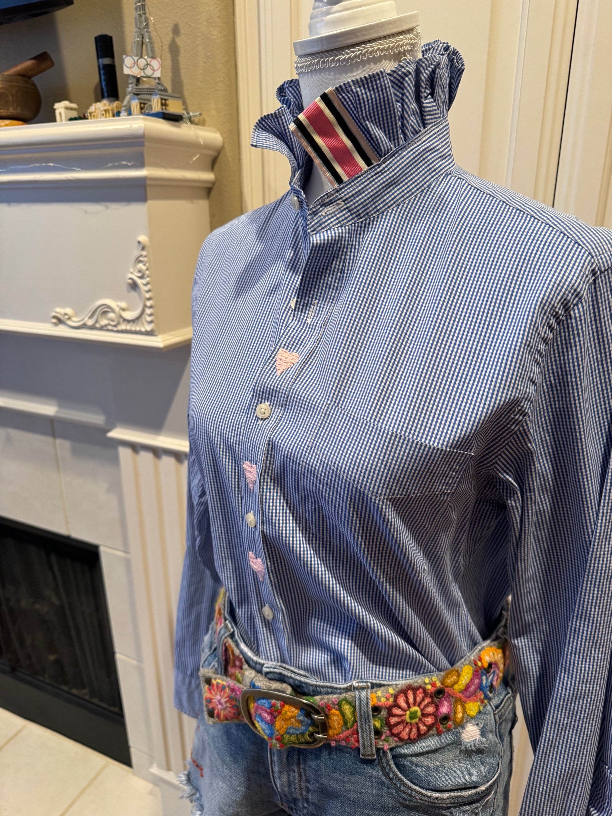 Reworked Vintage Men's J Crew Blue Gingham Ruffle Collar Shirt- XS