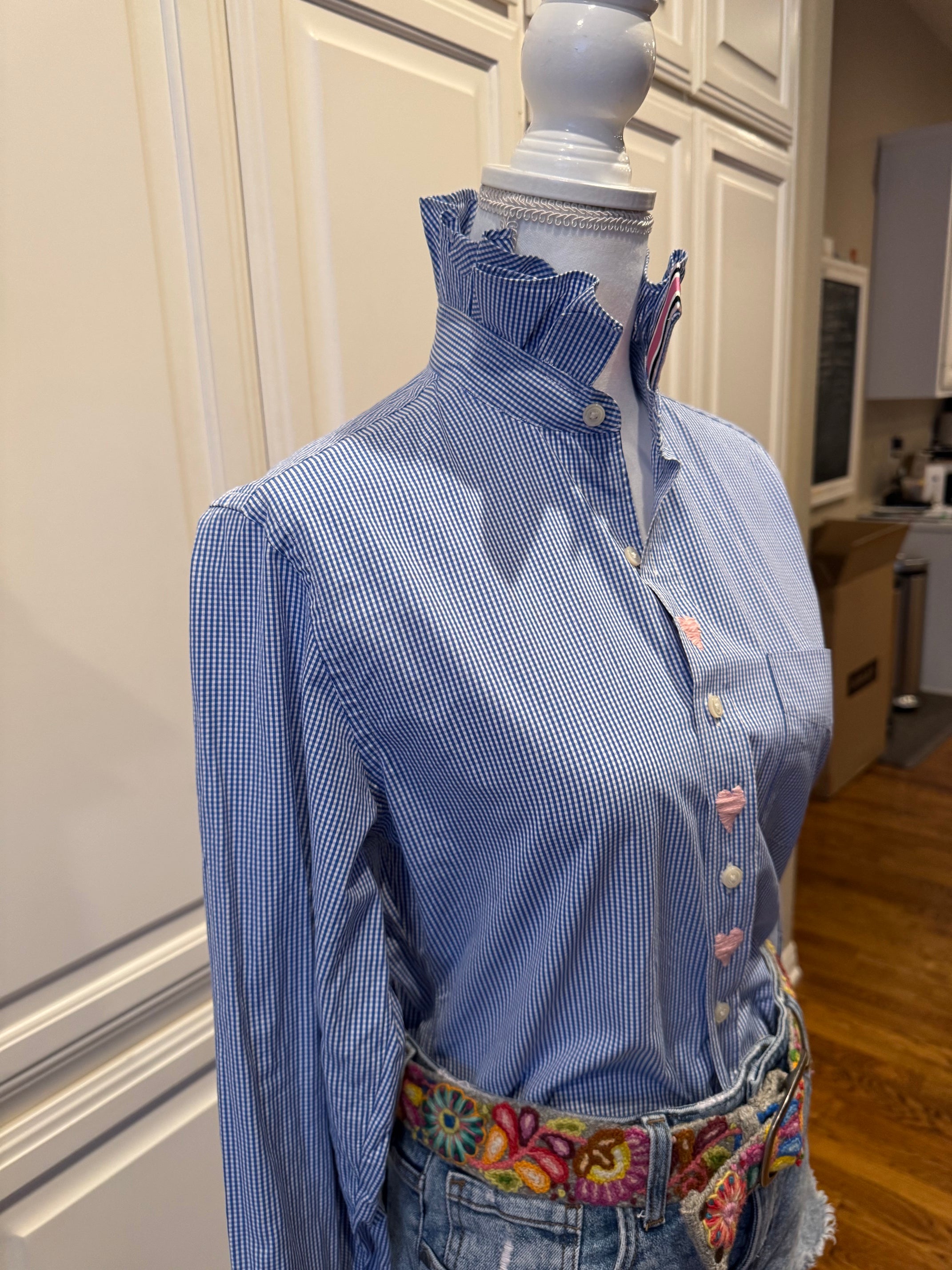 Reworked Vintage Men's J Crew Blue Gingham Ruffle Collar Shirt- XS