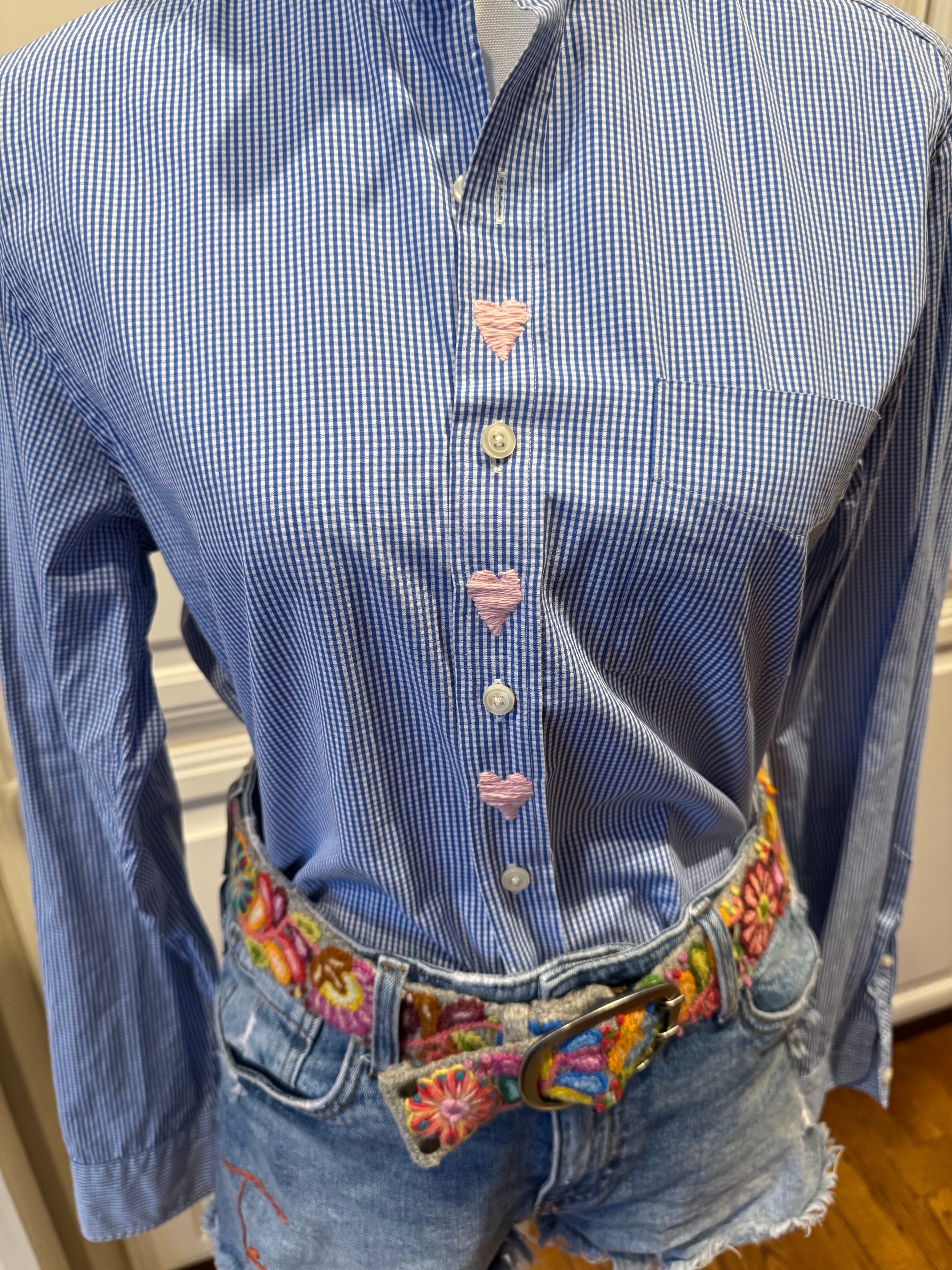 Reworked Vintage Men's J Crew Blue Gingham Ruffle Collar Shirt- XS
