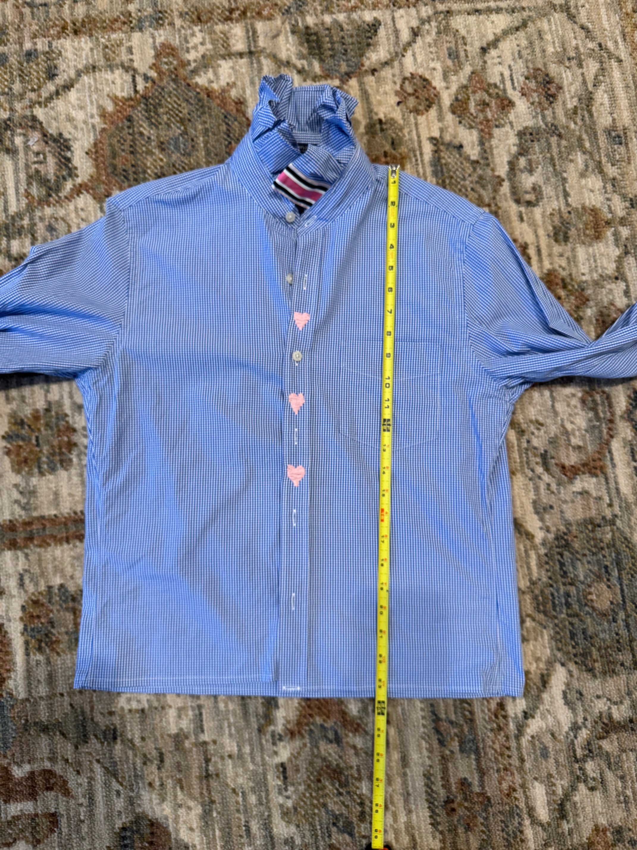 Reworked Vintage Men's J Crew Blue Gingham Ruffle Collar Shirt- XS