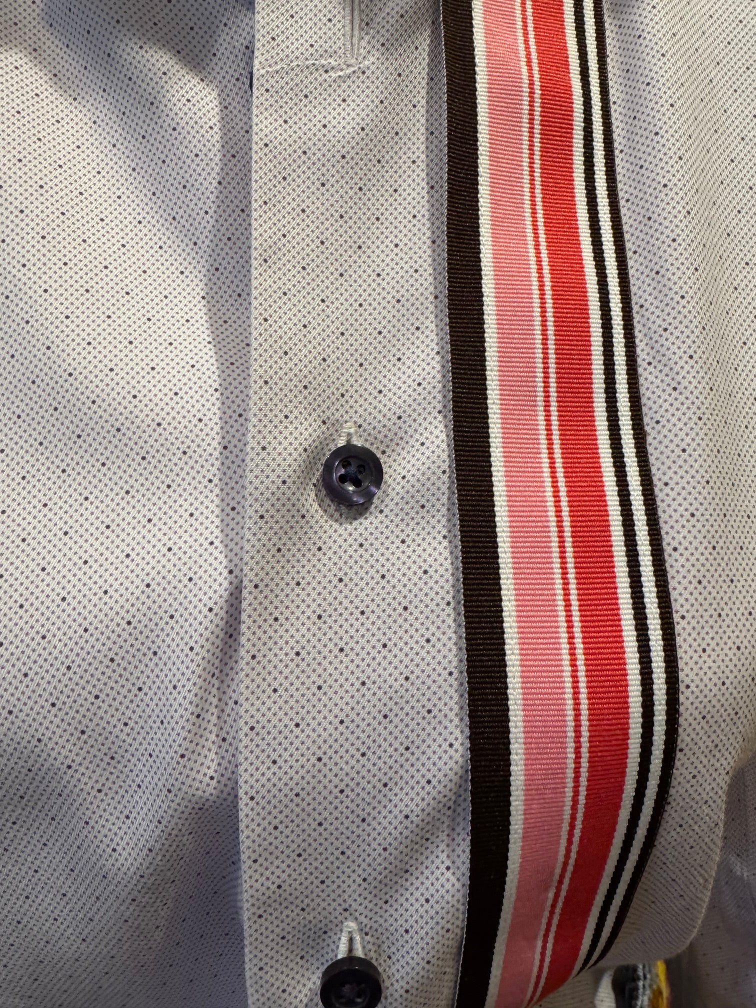 Close-up of a light gray micro-dot shirt with black buttons and a vertical striped accent panel in black, white, and red.