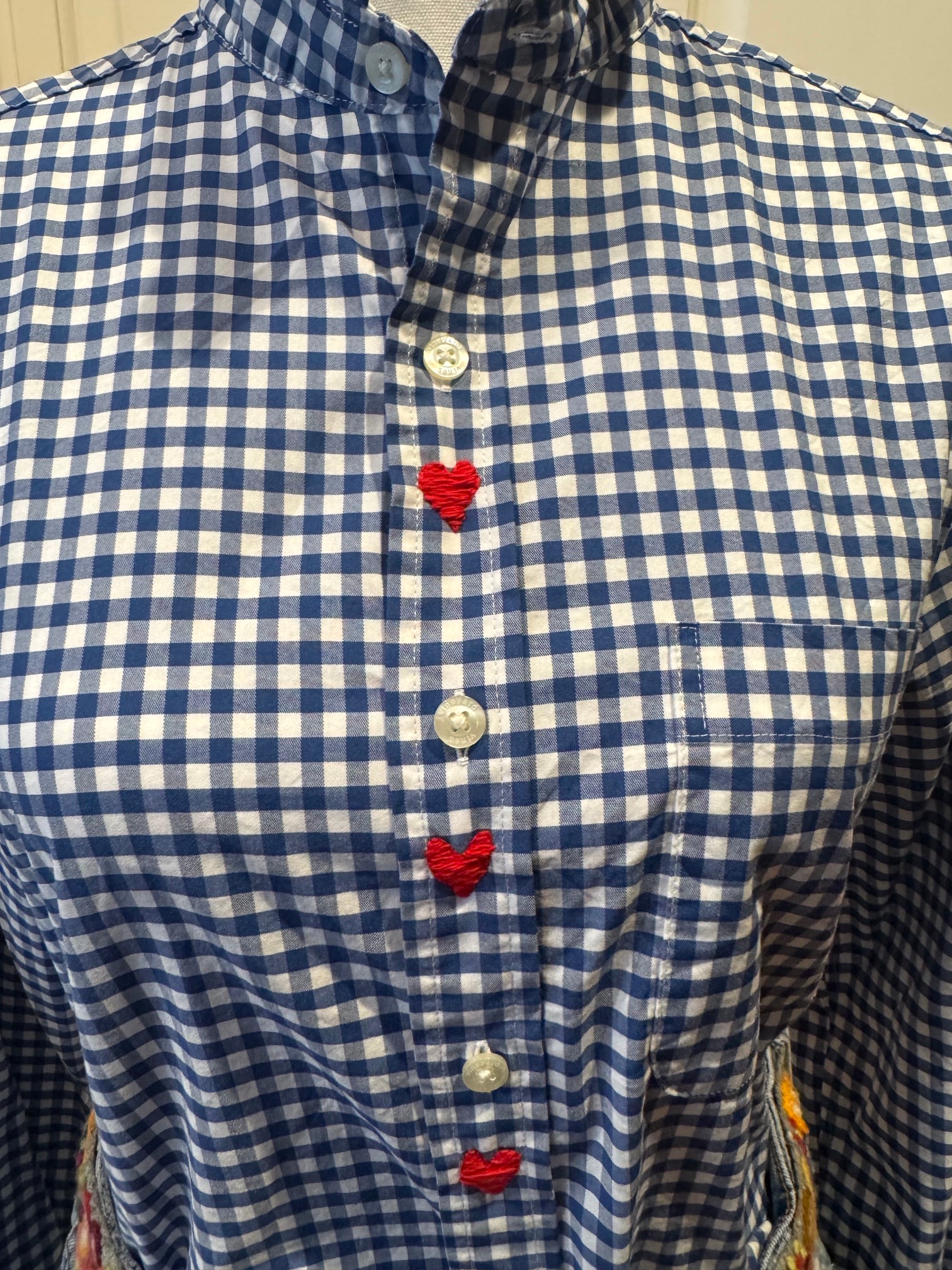 Reworked Vintage Men's Vineyard Vines Blue and White Checked Ruffle Collar Shirt- M