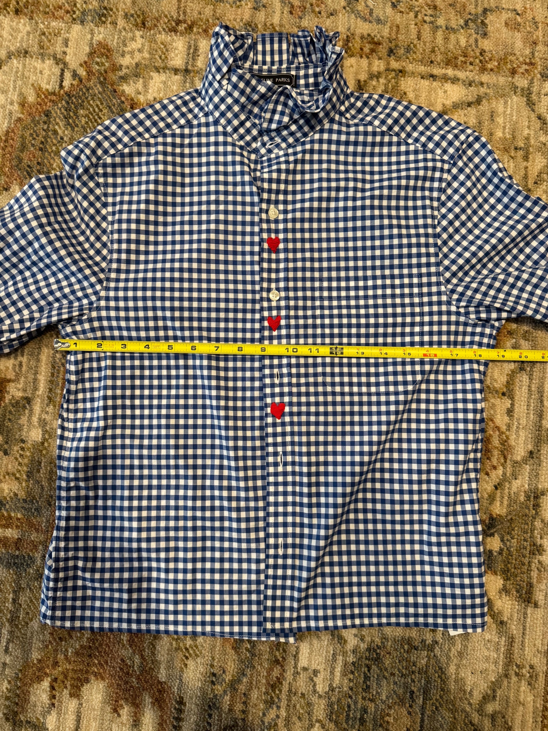 Reworked Vintage Men's Vineyard Vines Blue and White Checked Ruffle Collar Shirt- M