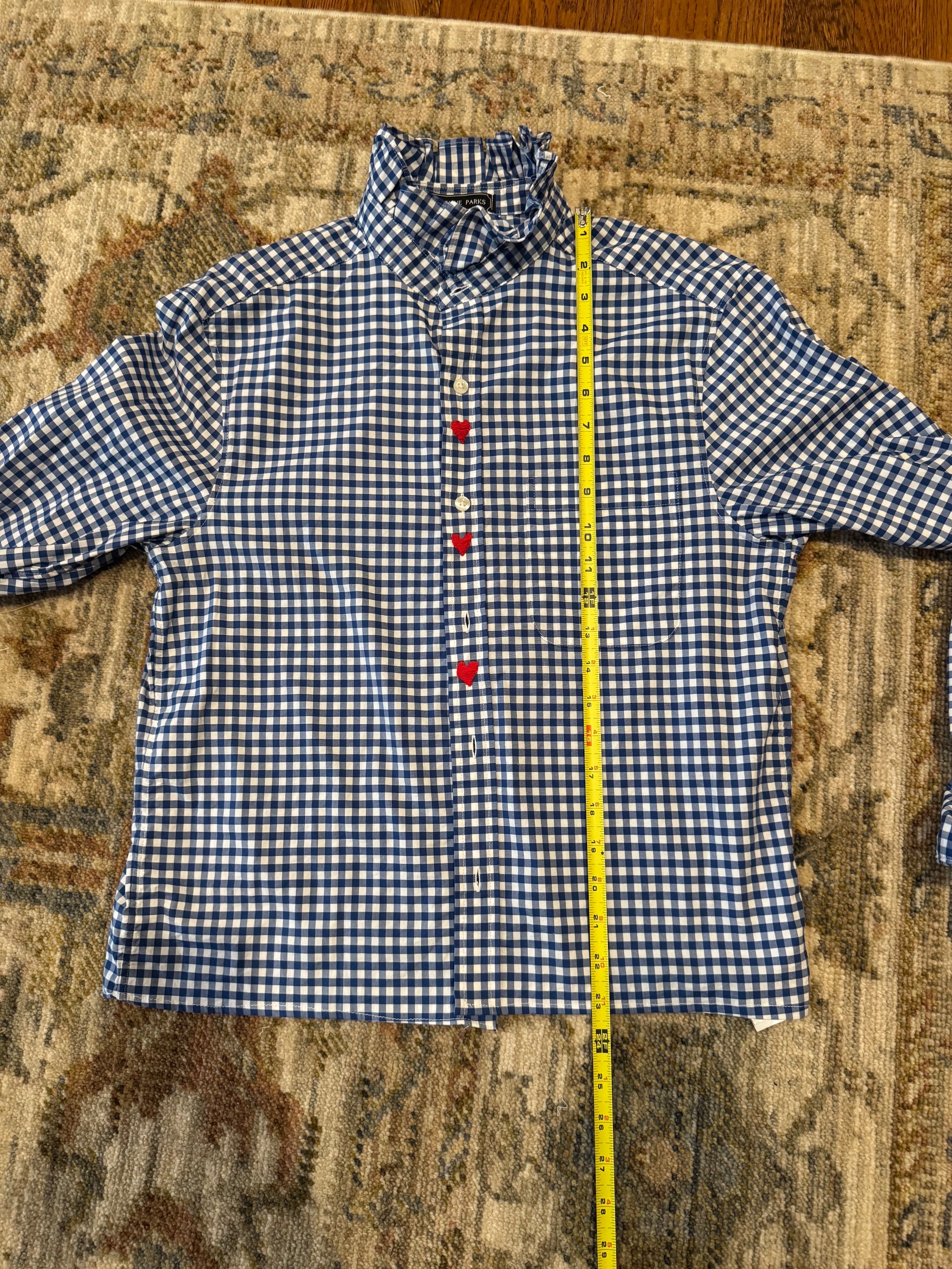 Reworked Vintage Men's Vineyard Vines Blue and White Checked Ruffle Collar Shirt- M