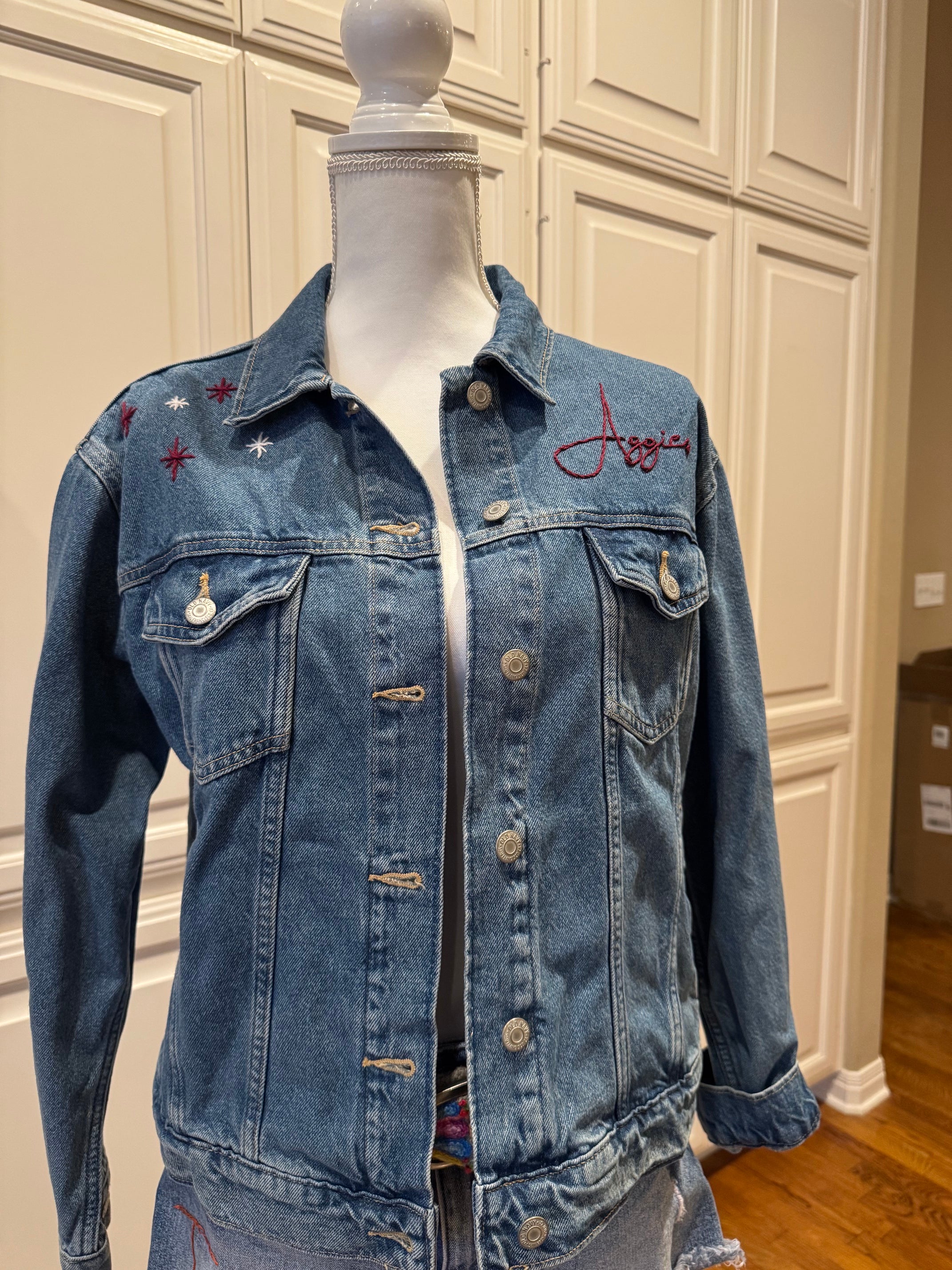 Maroon and White Hand Embroidered Denim Jacket
