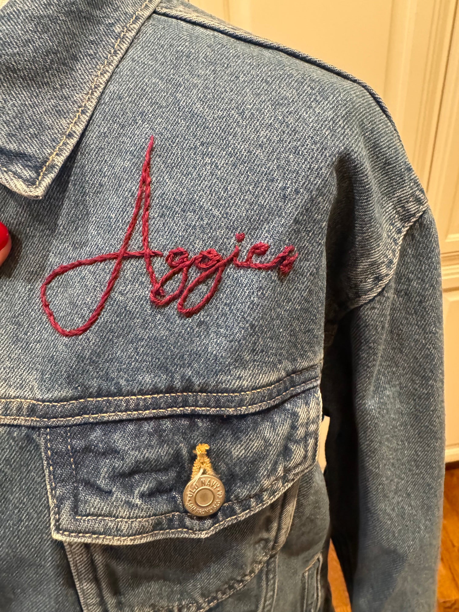 Maroon and White Hand Embroidered Denim Jacket