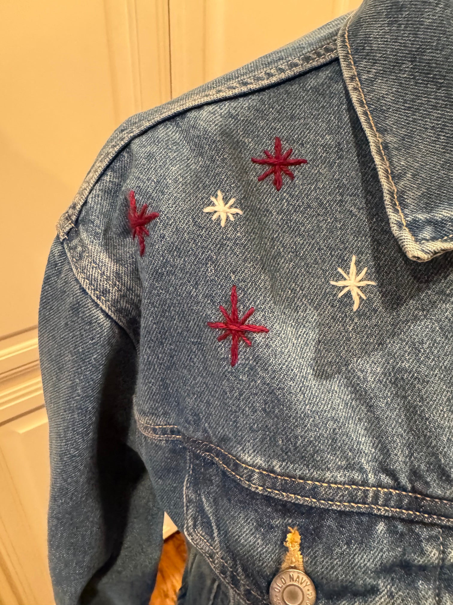 Maroon and White Hand Embroidered Denim Jacket
