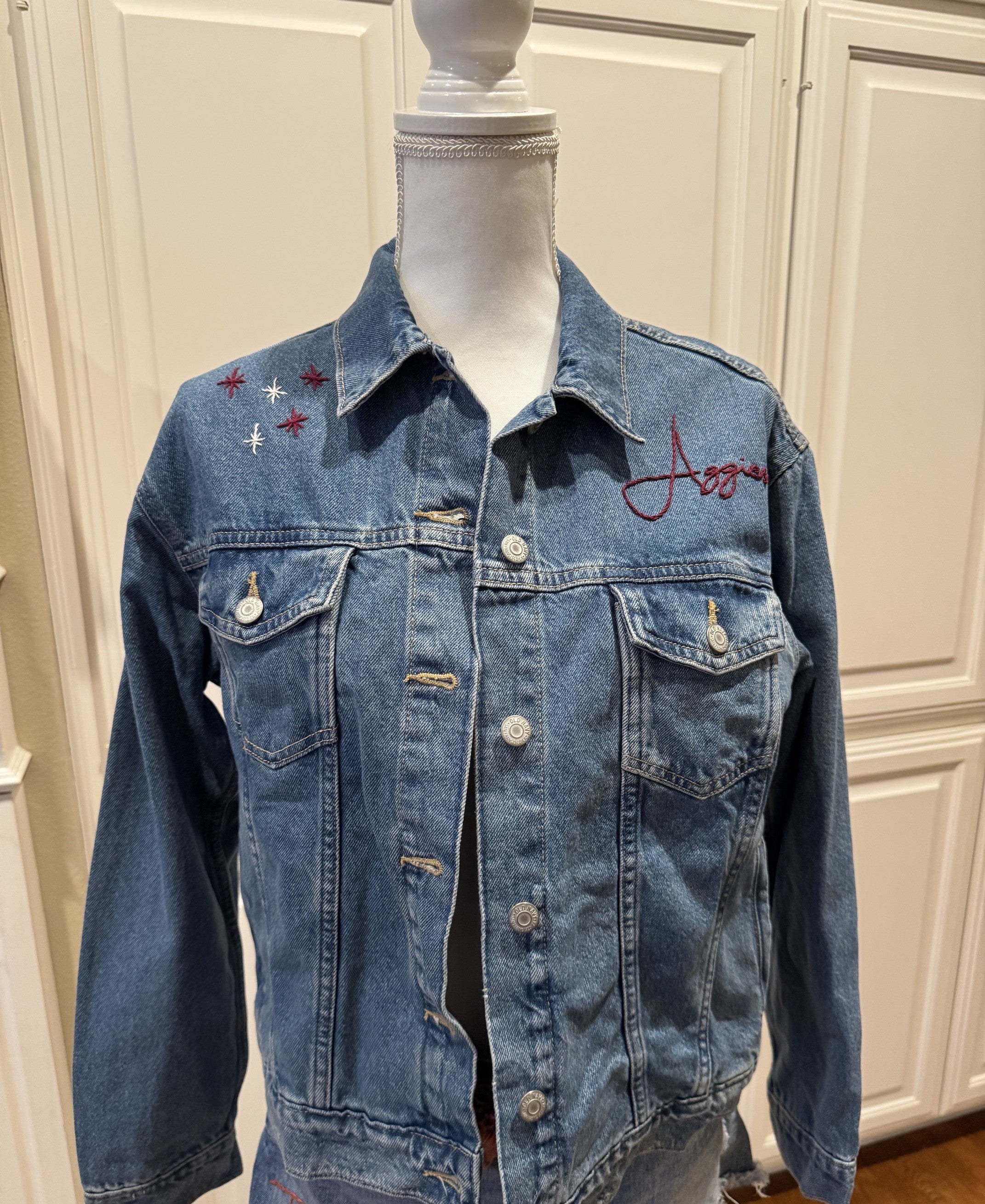 Maroon and White Hand Embroidered Jacket- Medium