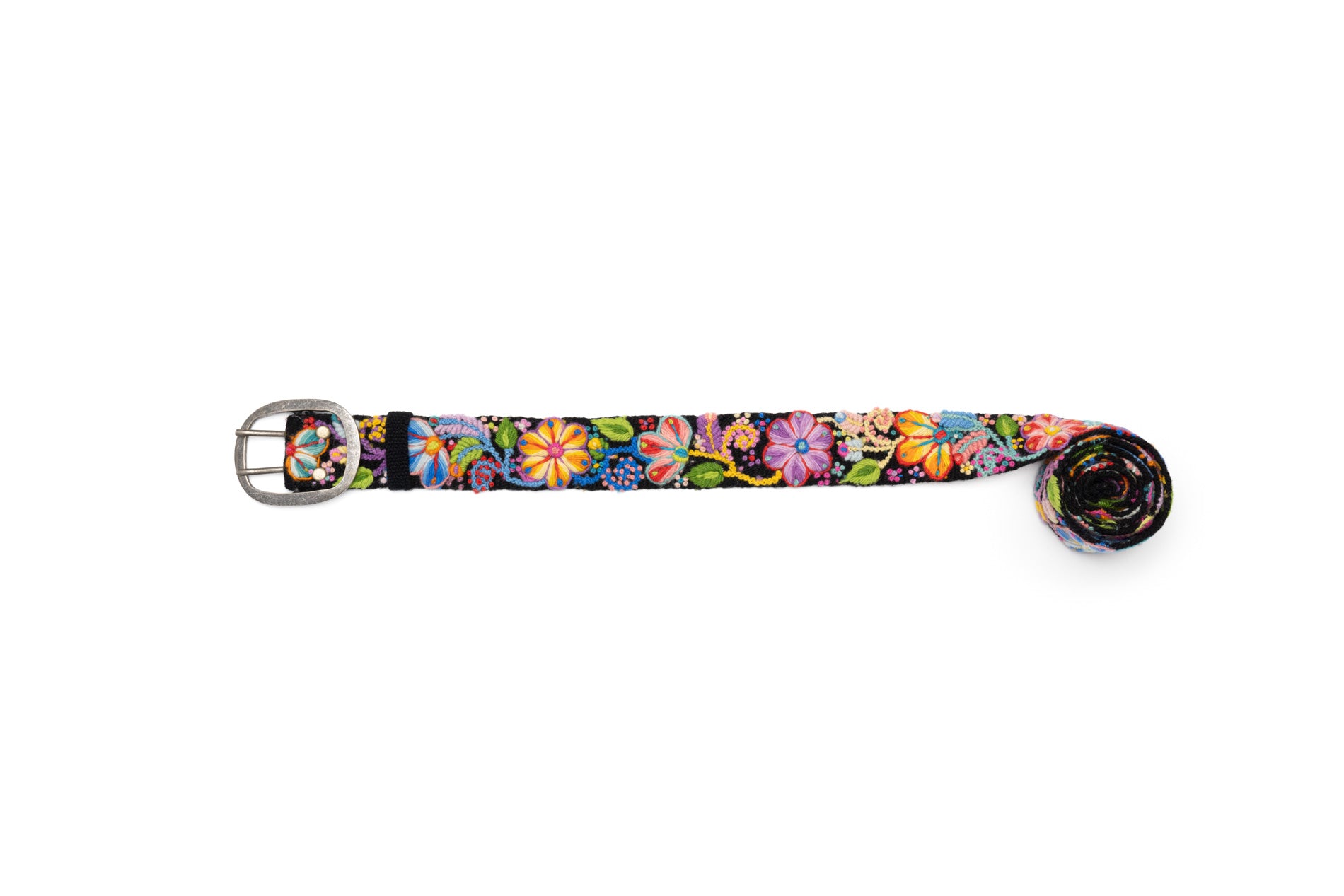 Hand-loomed Black Floral Belt, hand embroidered by Andean artisans. Sizes: S (35), M (41), L (47), XL (50). From Madeline Parks Designs.