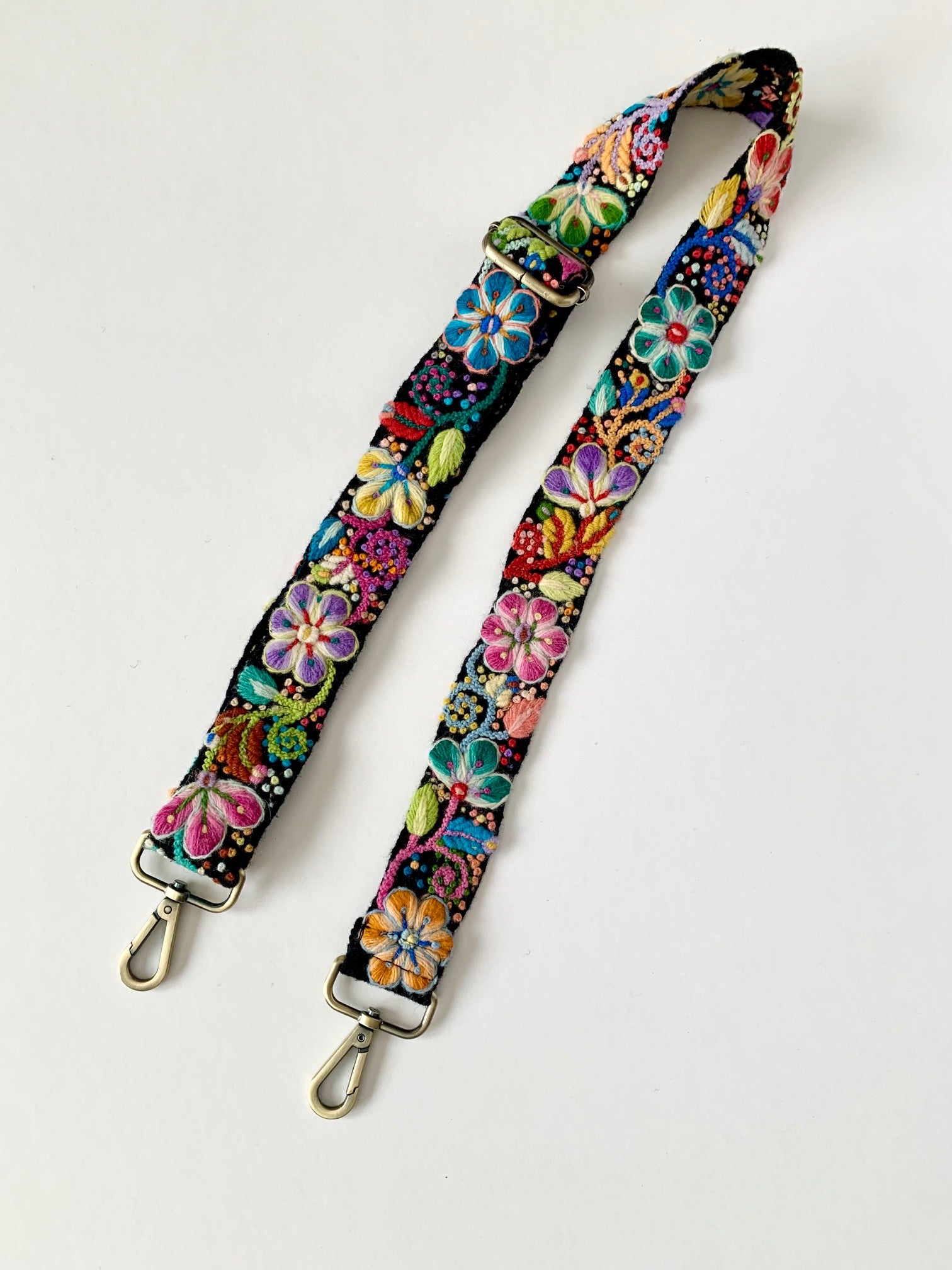 Black Floral Strap with colorful hand embroidery and unique design, produced by Fair Trade artisans in Peru.