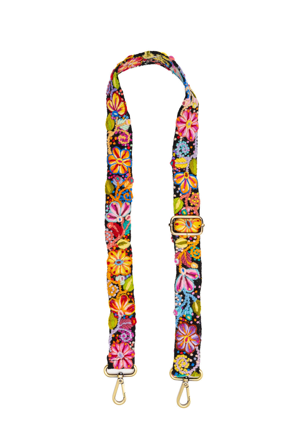 Black Floral Strap featuring vibrant hand-embroidered flowers, adjustable with a gold-colored metal hook, crafted by Fair Trade artisans in Peru.