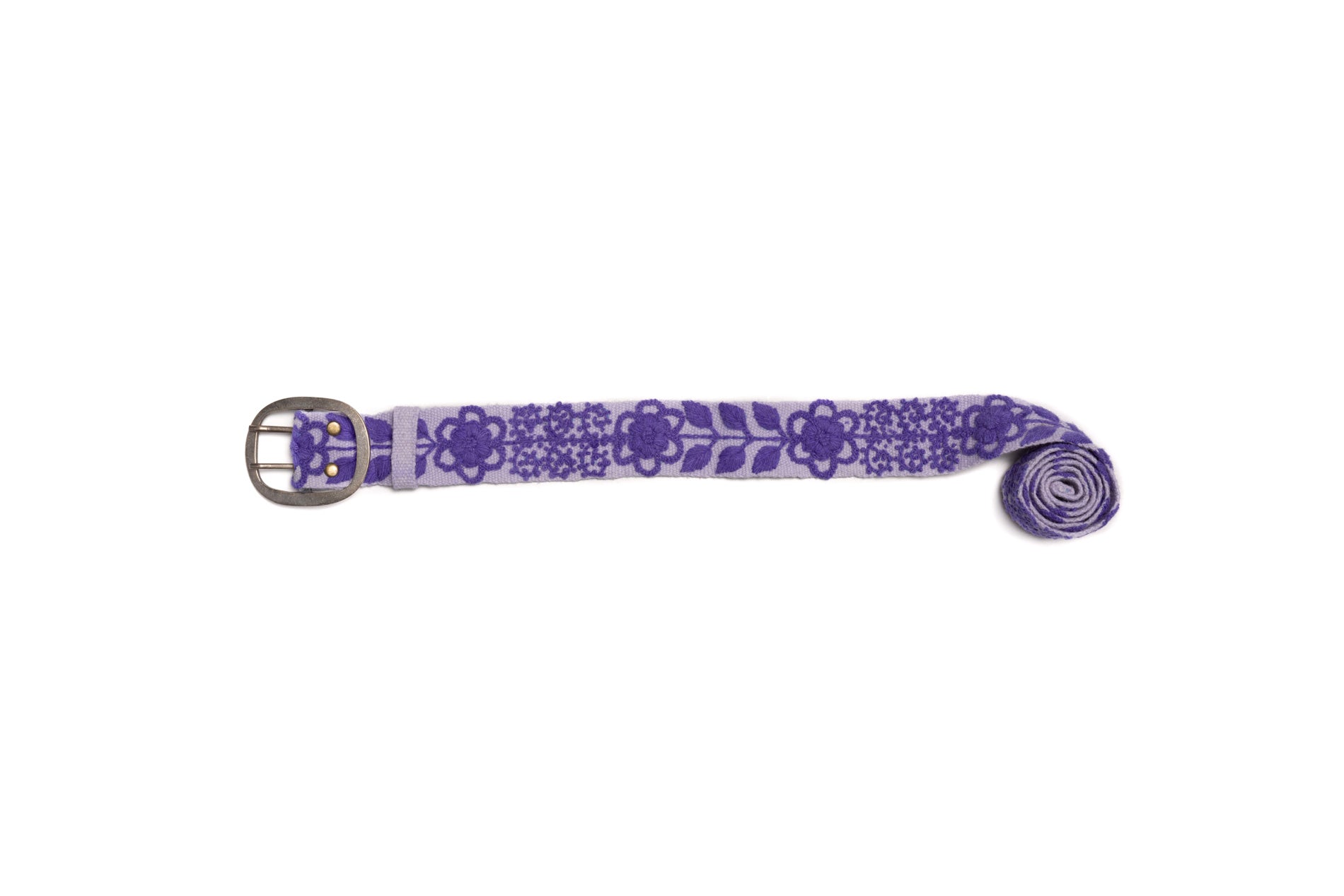 Eliza Embroidered hand loomed belt in wool fabric with purple floral design.