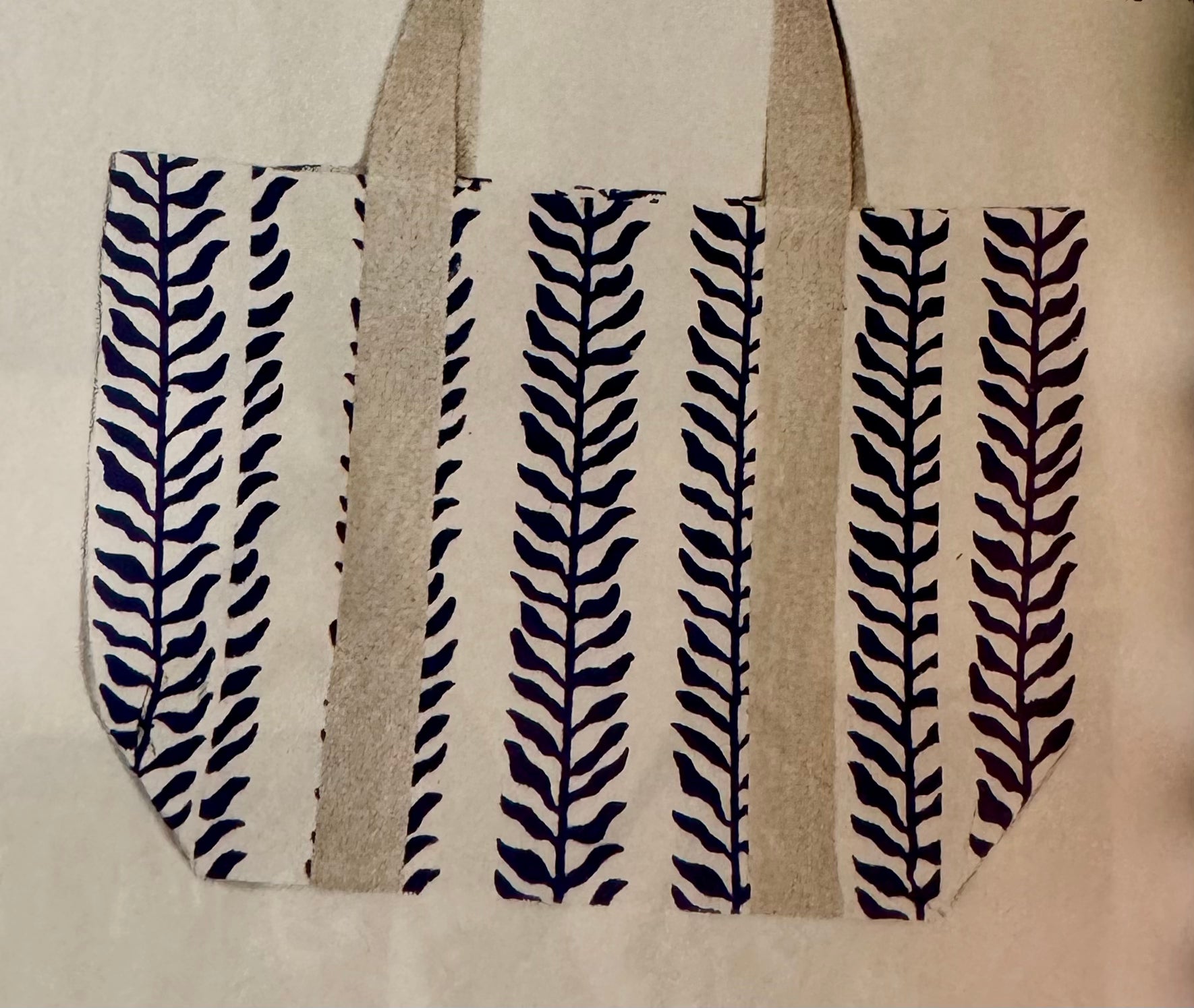 Block Printed Canvas Bag with hand-printed pattern, made of 100% cotton, measuring 18 x 15 x 7.