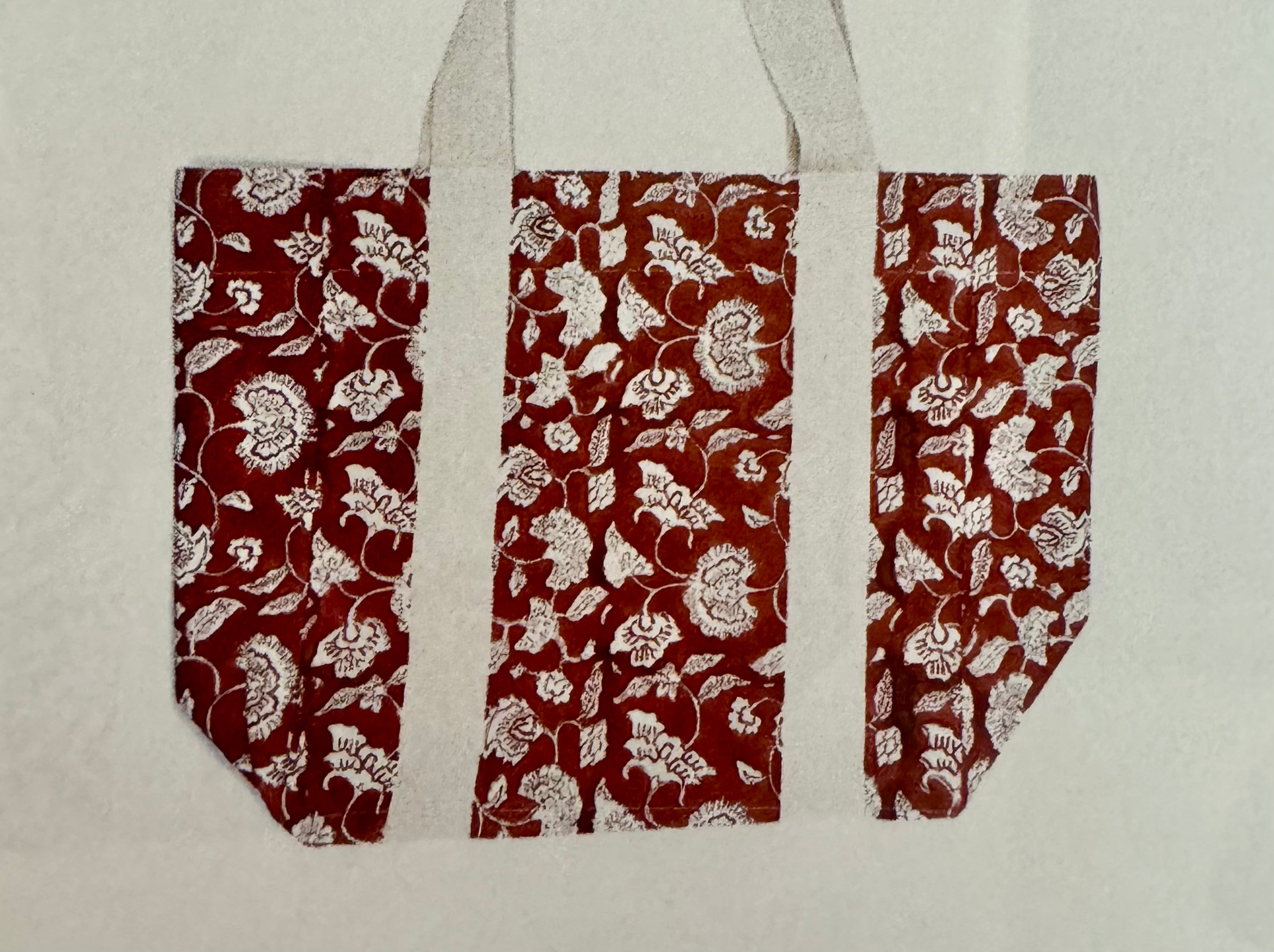 Block Printed Canvas Bag with a red and white floral pattern, made from 100% cotton; dimensions: 18 x 15 x 7.