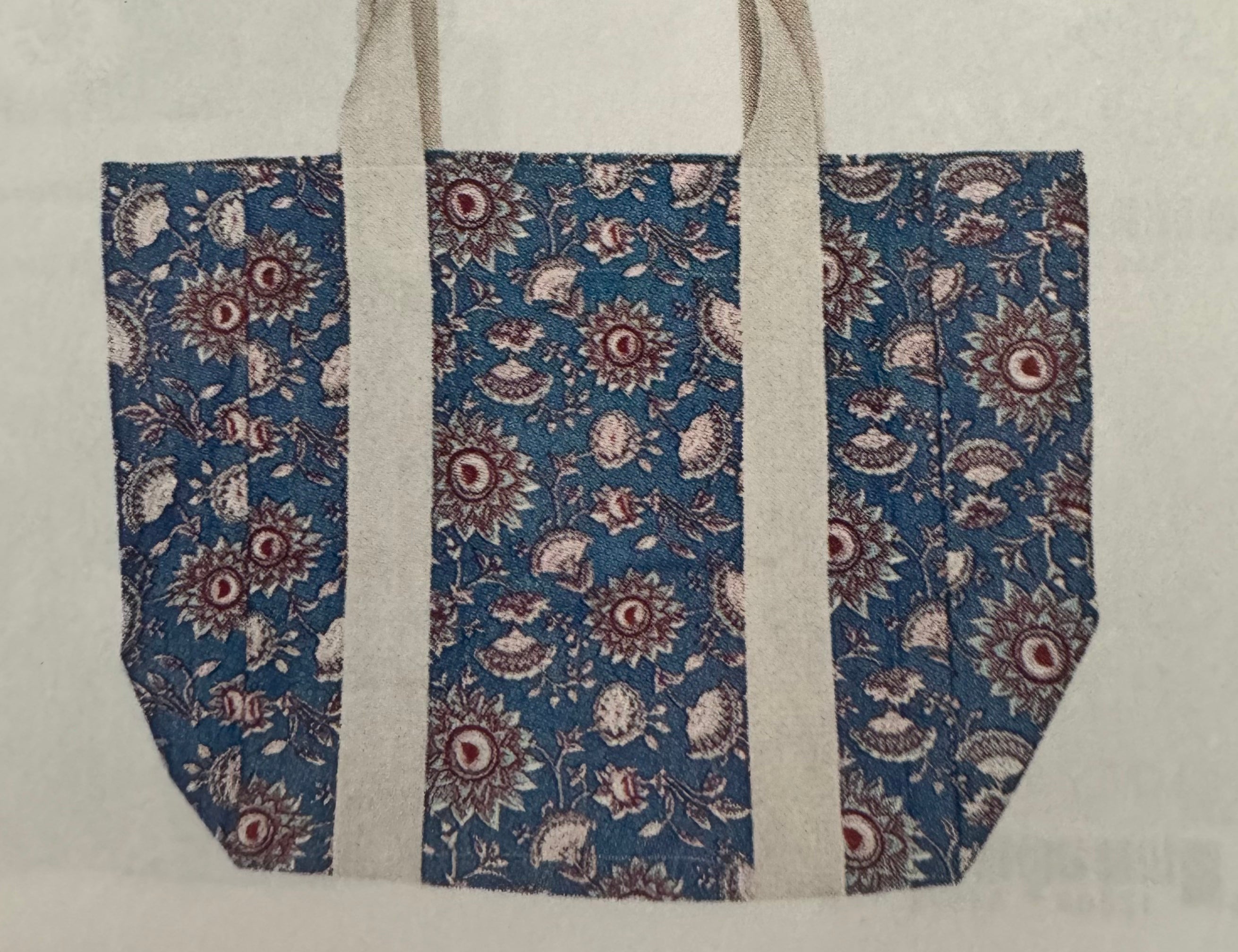 Block Printed Canvas Bag features a blue and white floral pattern, hand printed on 100% cotton, measuring 18 x 15 x 7.