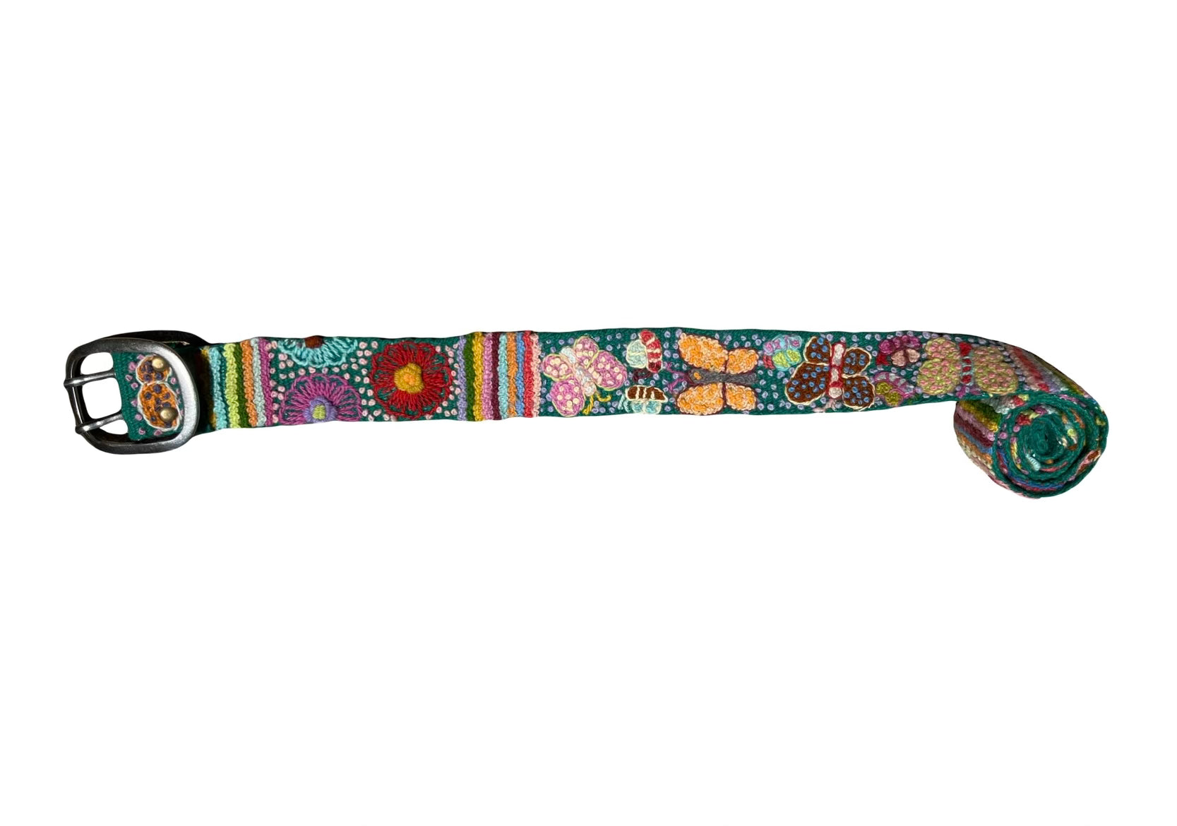 Butterfly Embroidered Belt featuring vibrant flowers and butterflies, handwoven by Peruvian artisans, with a simple metal buckle and intricate embroidery on both sides.