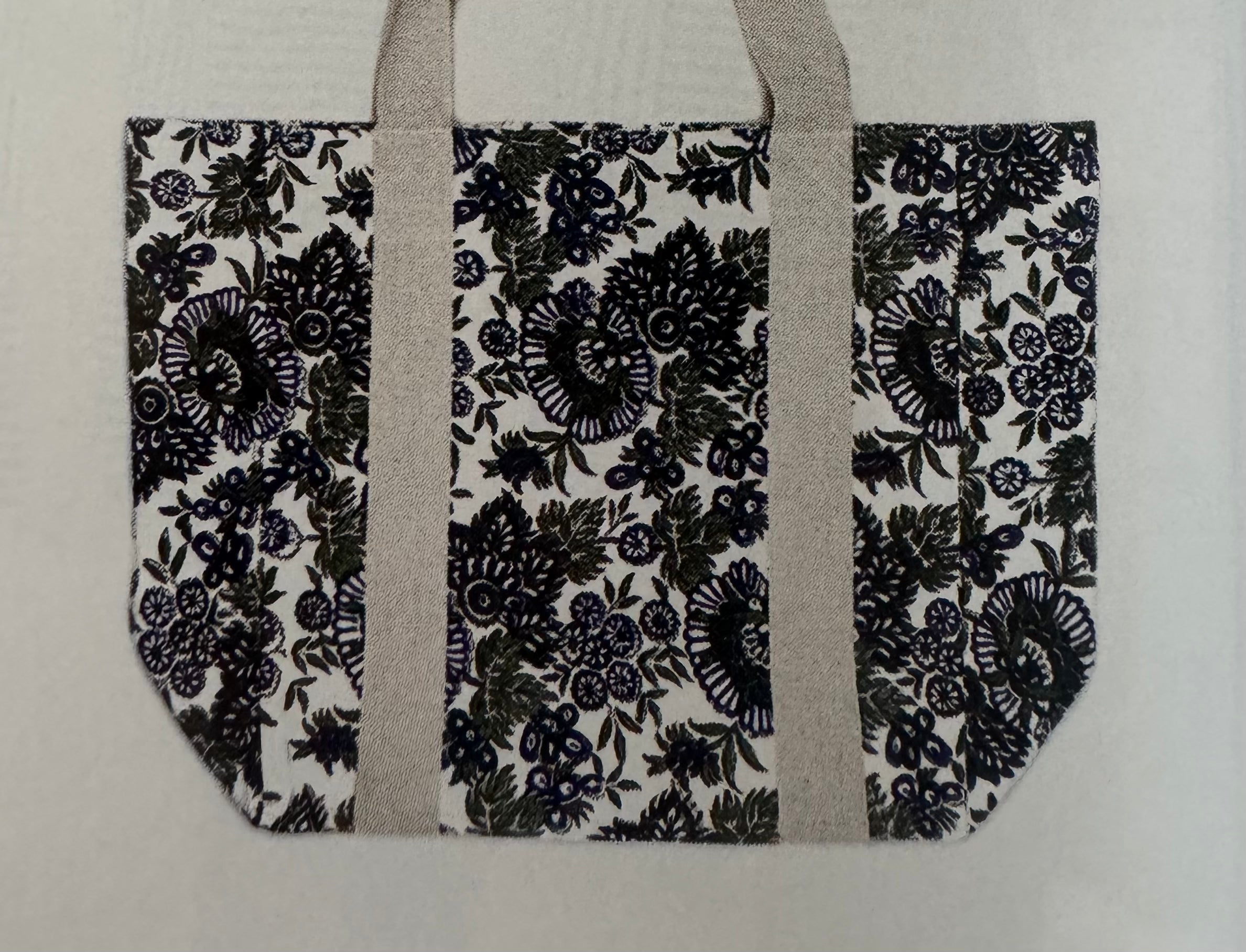 Block Printed Canvas Bag with a floral pattern, hand printed on 100% cotton, measuring 18 x 15 x 7.