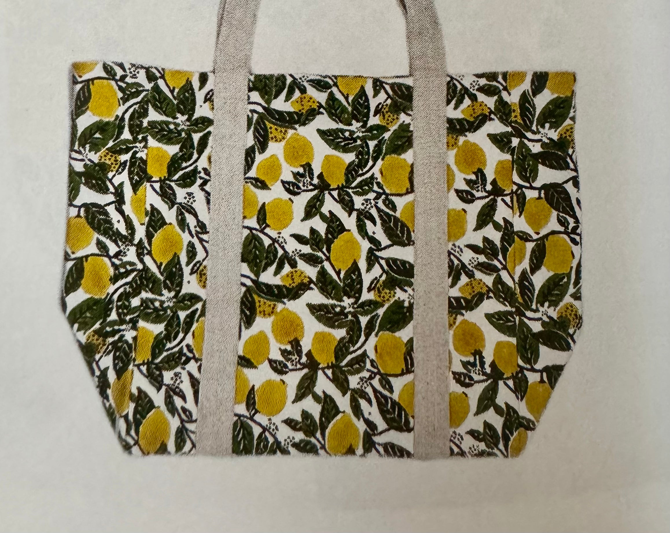 Block Printed Canvas Bag featuring hand-printed lemons, made from 100% cotton, measuring 18 x 15 x 7.