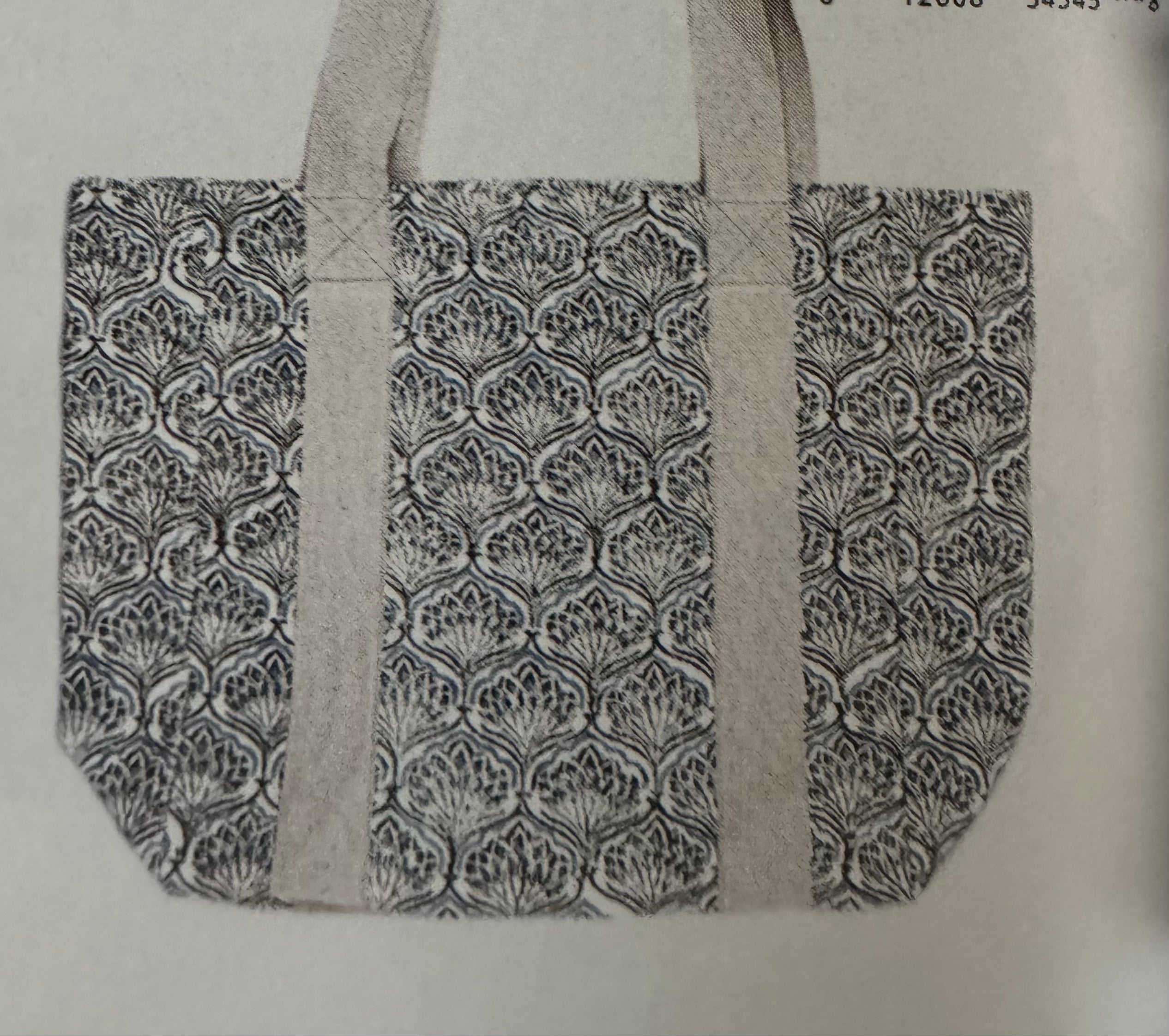 Block Printed Canvas Bag, 100% cotton, features a distinctive zebra pattern, and measures 18 x 15 x 7.