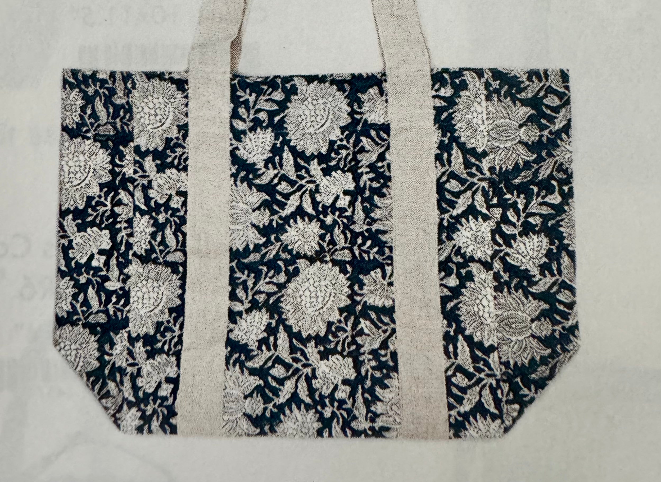 Block Printed Canvas Bag with floral pattern, hand printed 100% cotton, 18 x 15 x 7.