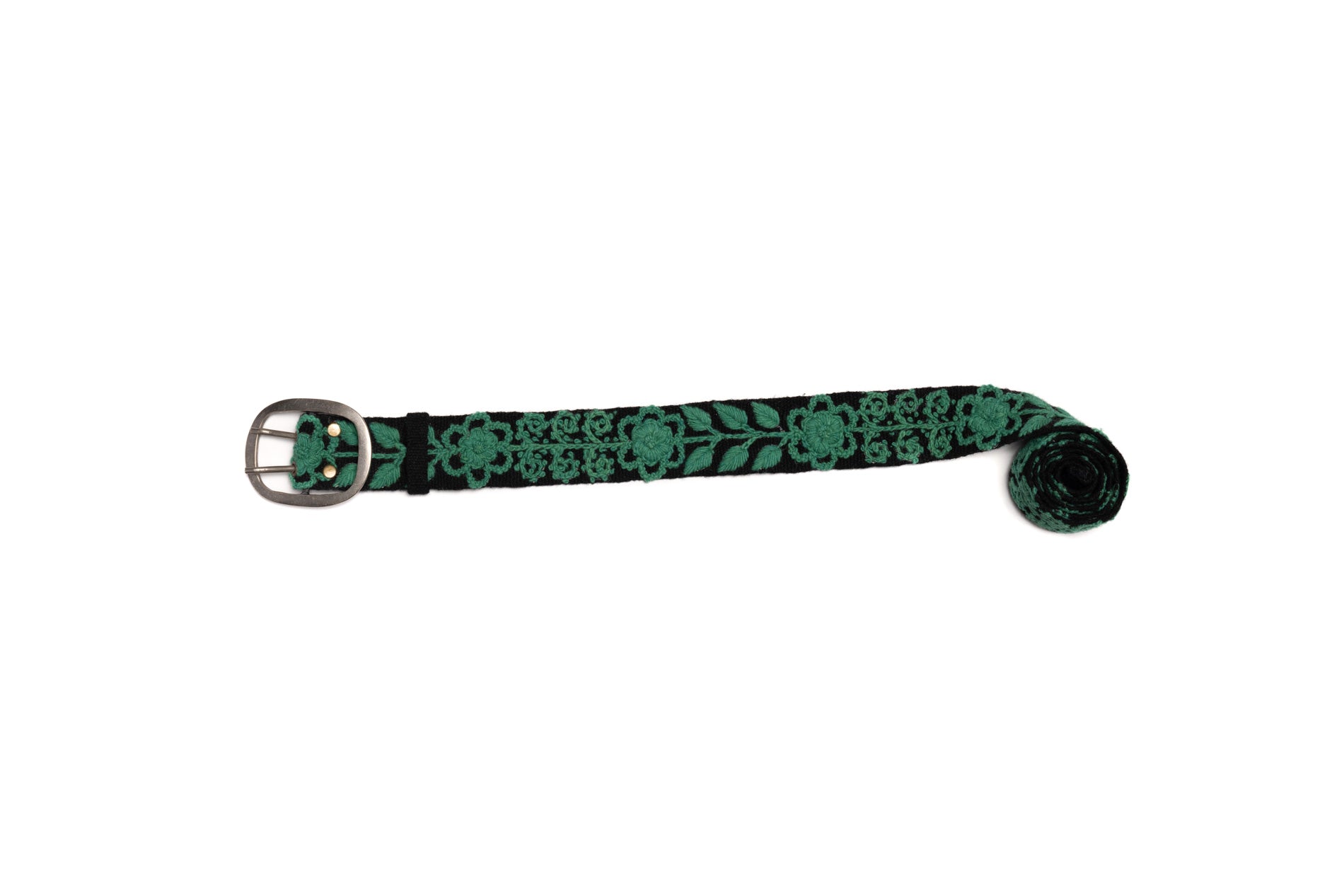 Black and Green Embroidered Belt with floral and leaves design.