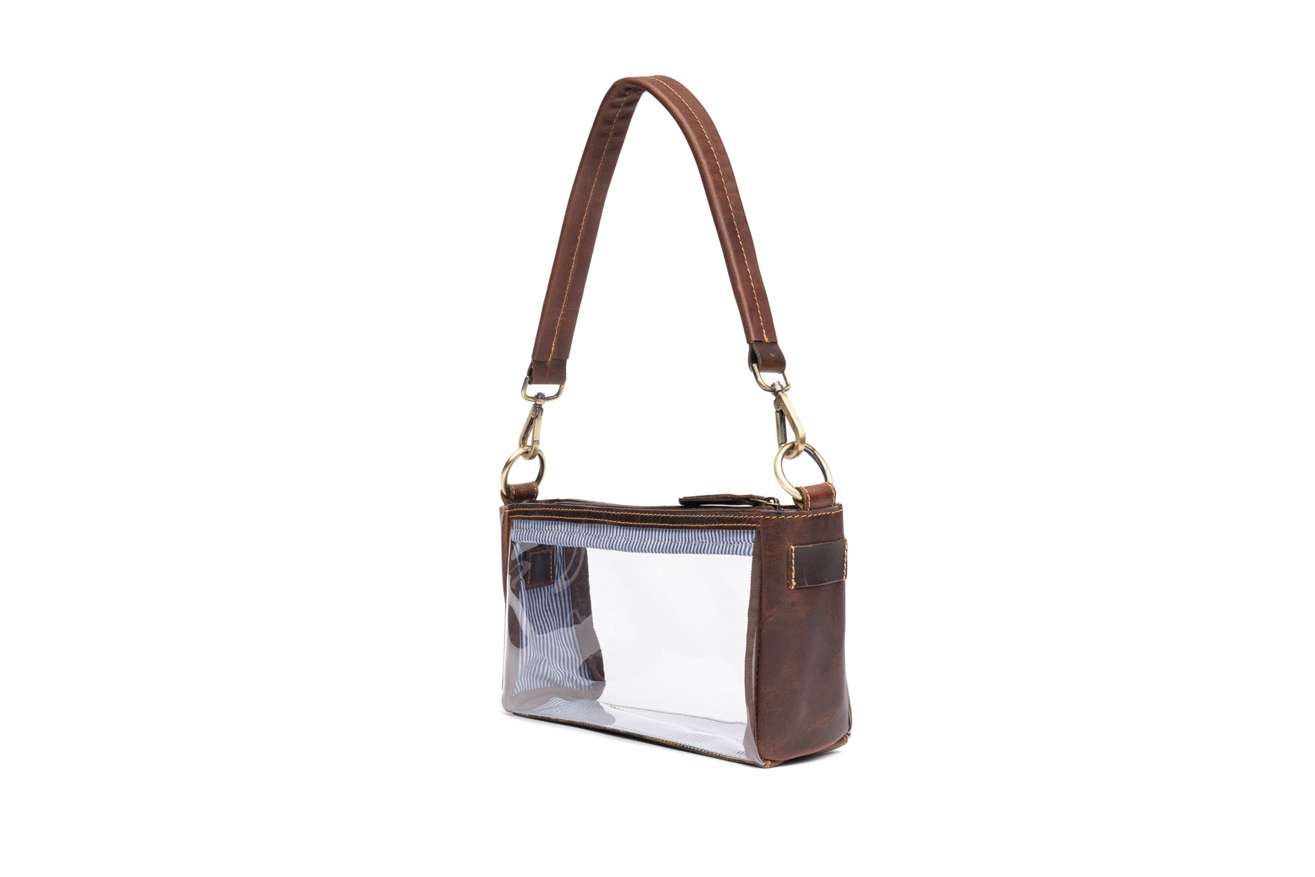 Jen Clear Purse with brown leather strap and clear vinyl panels