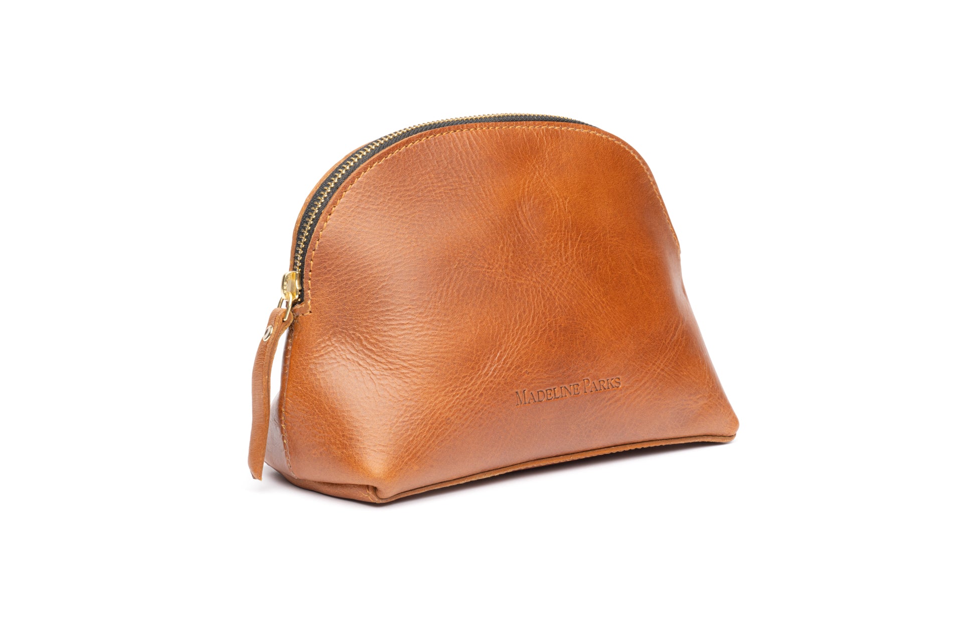 Angle view of Side view of Stylish fashionable brown leather makeup bag 