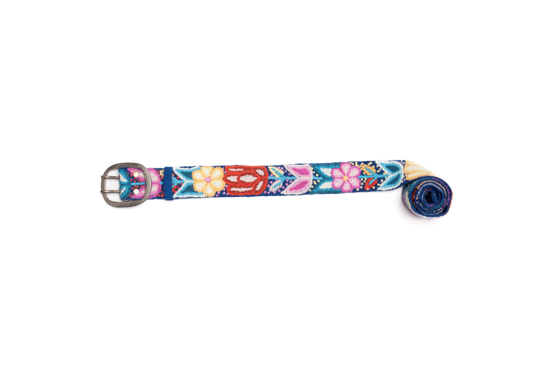 Navy Floral Embroidered Belt featuring colorful flowers and leaves 