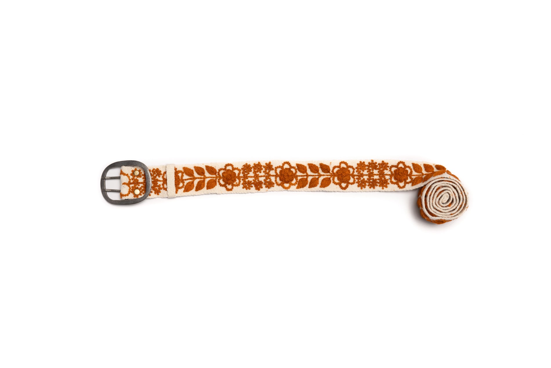 Rachel Hand Embroidered Belt with cream wool fabric, burnt orange floral and leaves