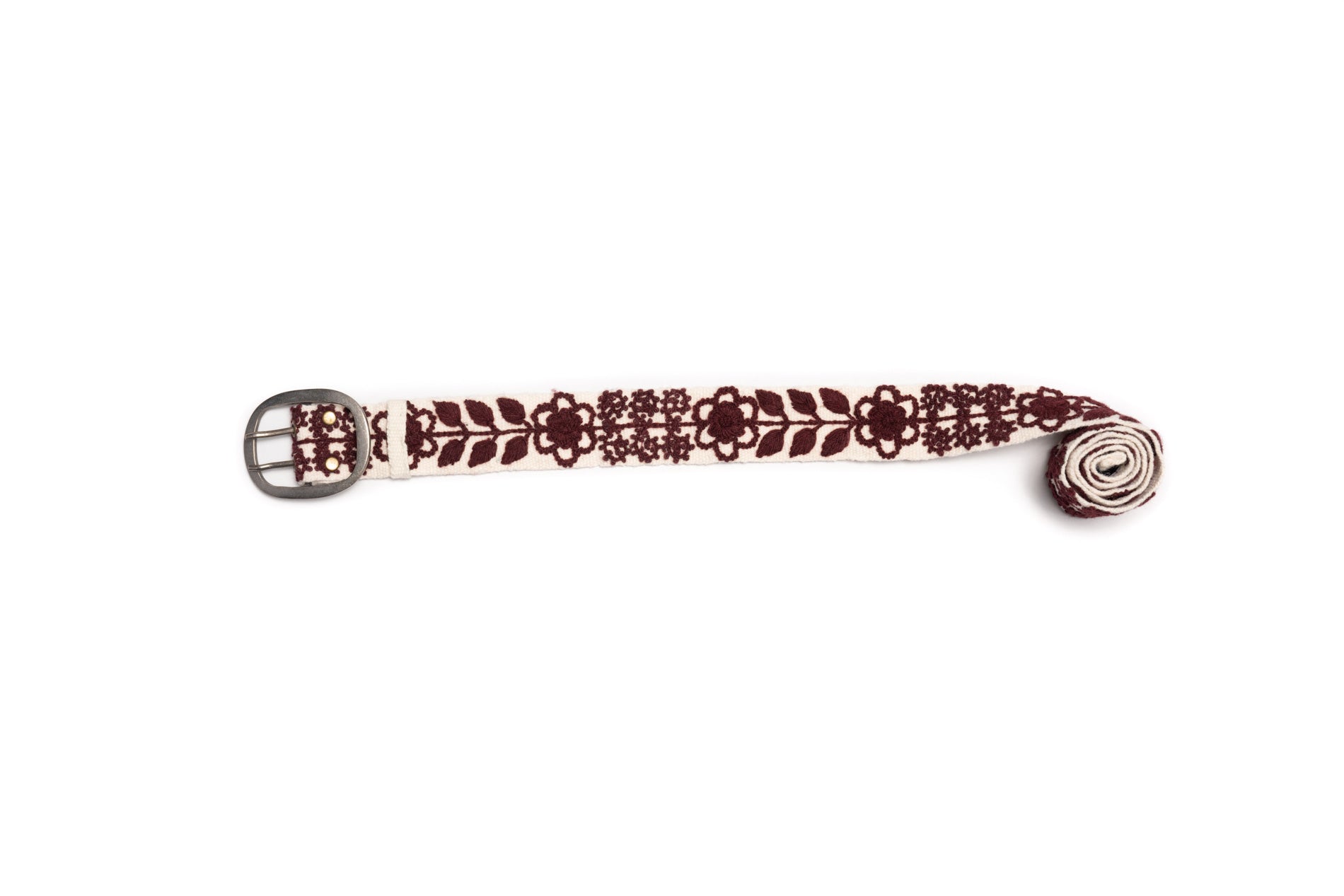 Wendi Hand Embroidered Belt with cream wool fabric and maroon floral and leaves 
